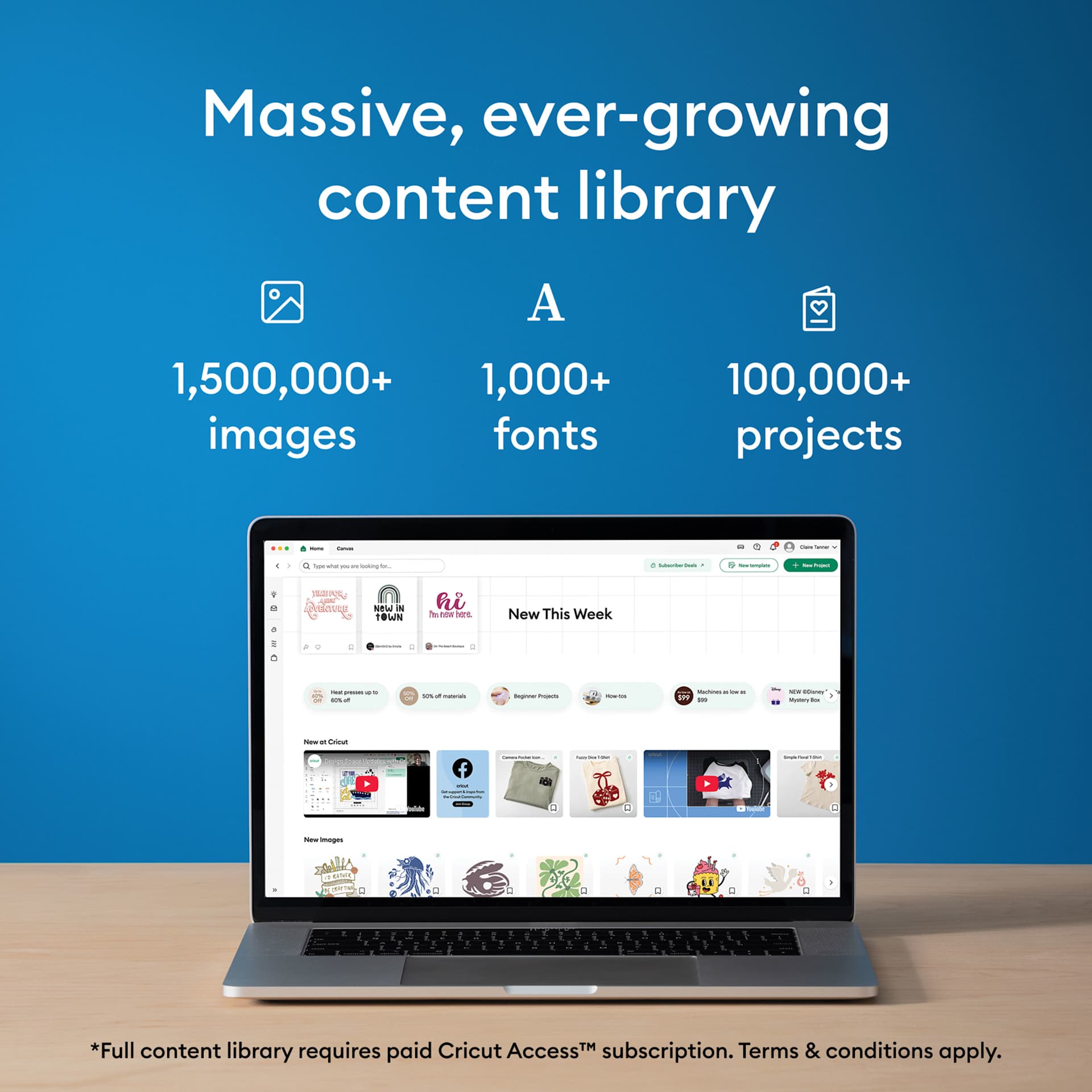 Massive, ever-growing content library: 1,500,00+ images, 1,000+ fonts, 100,000 projects