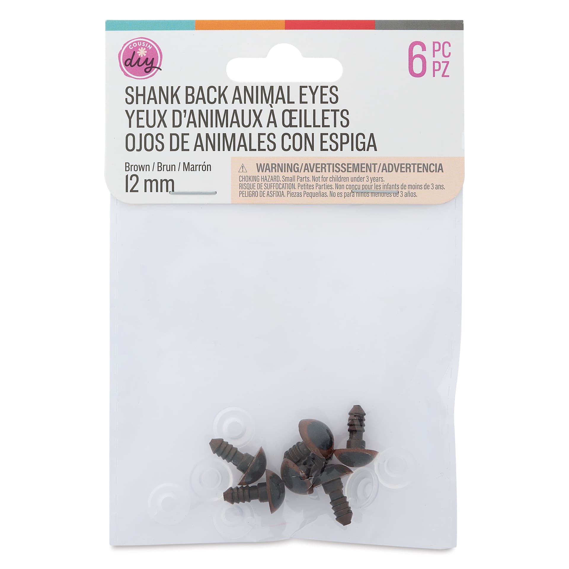 Cousin DIY Shank Back Animal Eyes - Pkg of 6, Animal Brown, 12 mm front of packaging