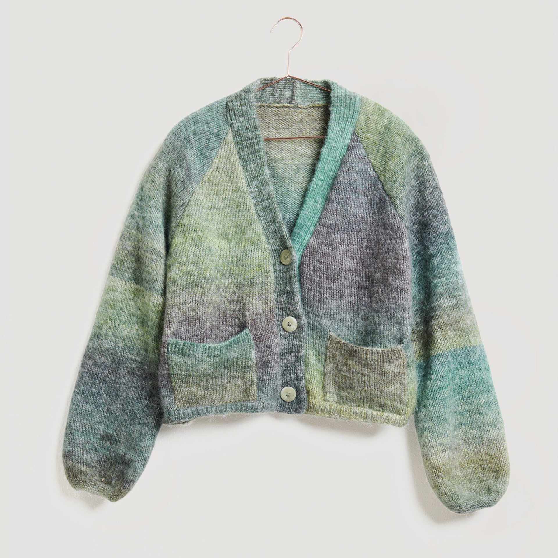 Rico Design Creative Painted Power Yarn - Forest Greens, 340 yds showing completed cardigan example