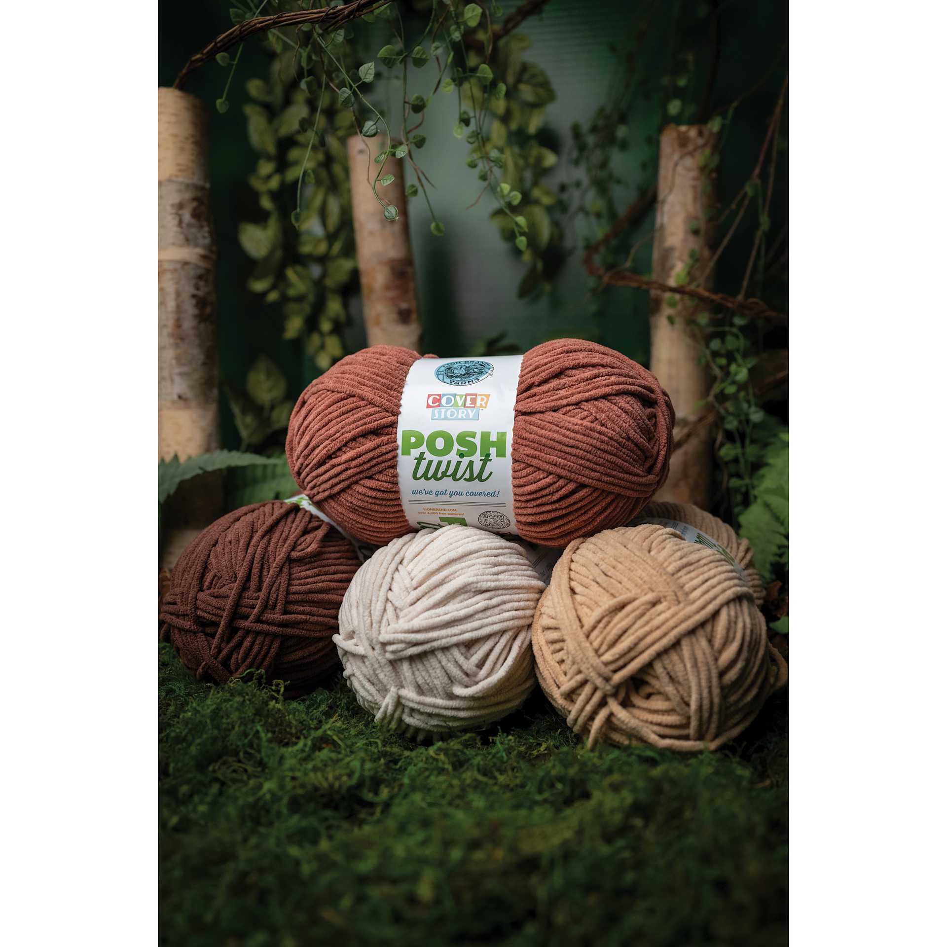 Lion Brand Cover Story Posh Twist Yarn showing brown tone available colors stacked together