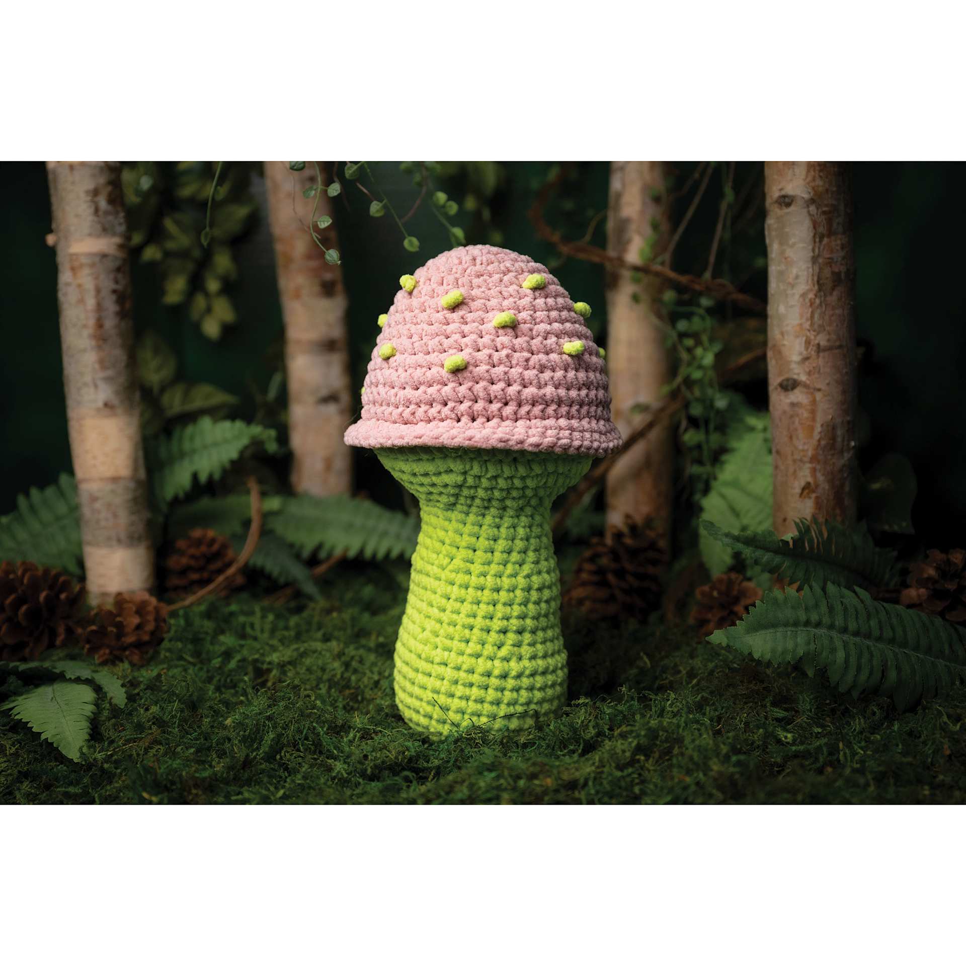 Lion Brand Cover Story Posh Twist Yarn showing example mushroomn project