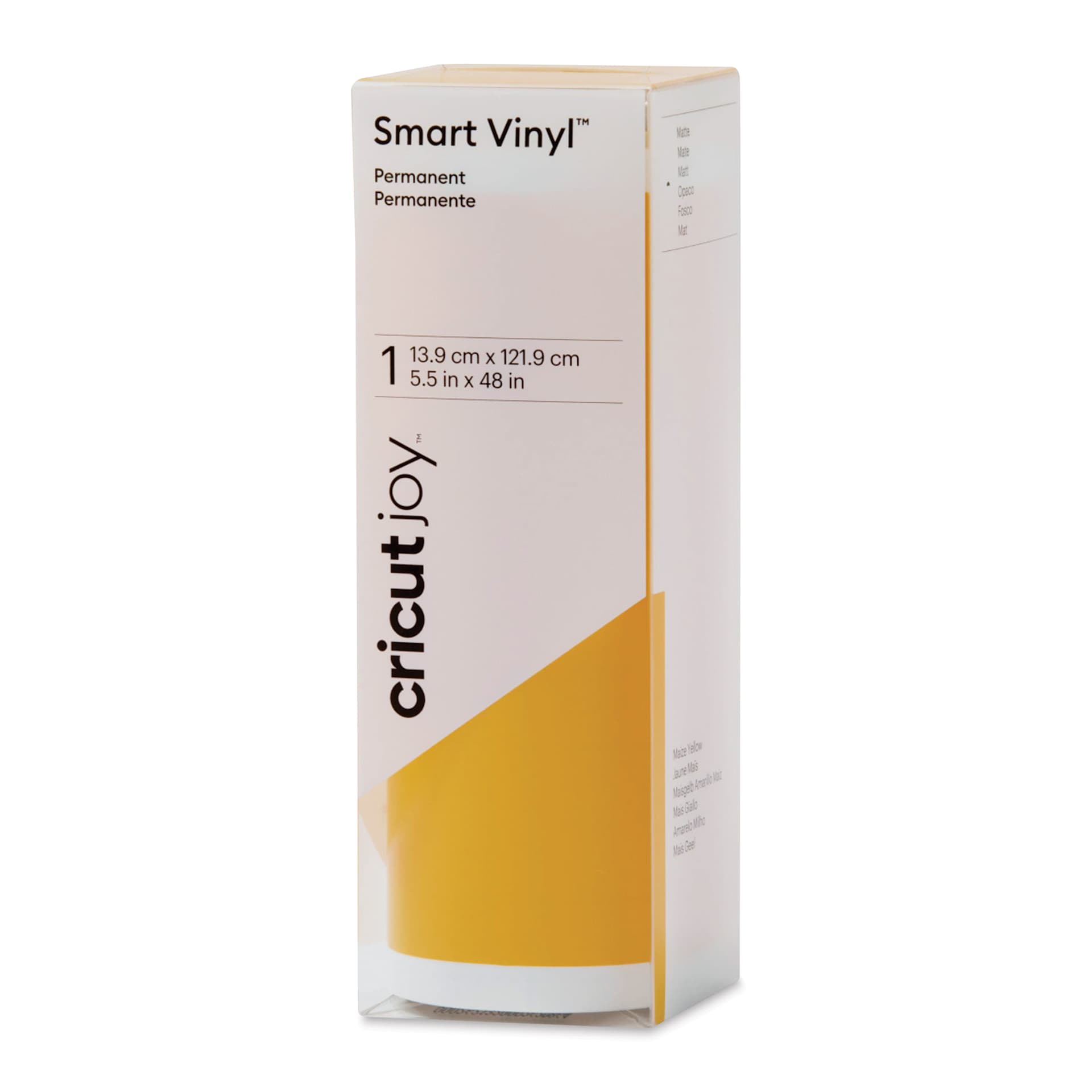 Cricut Joy Permanent Smart Vinyl - Maize Yellow, Matte, 5-1/2" x 48", roll inside of the packaging