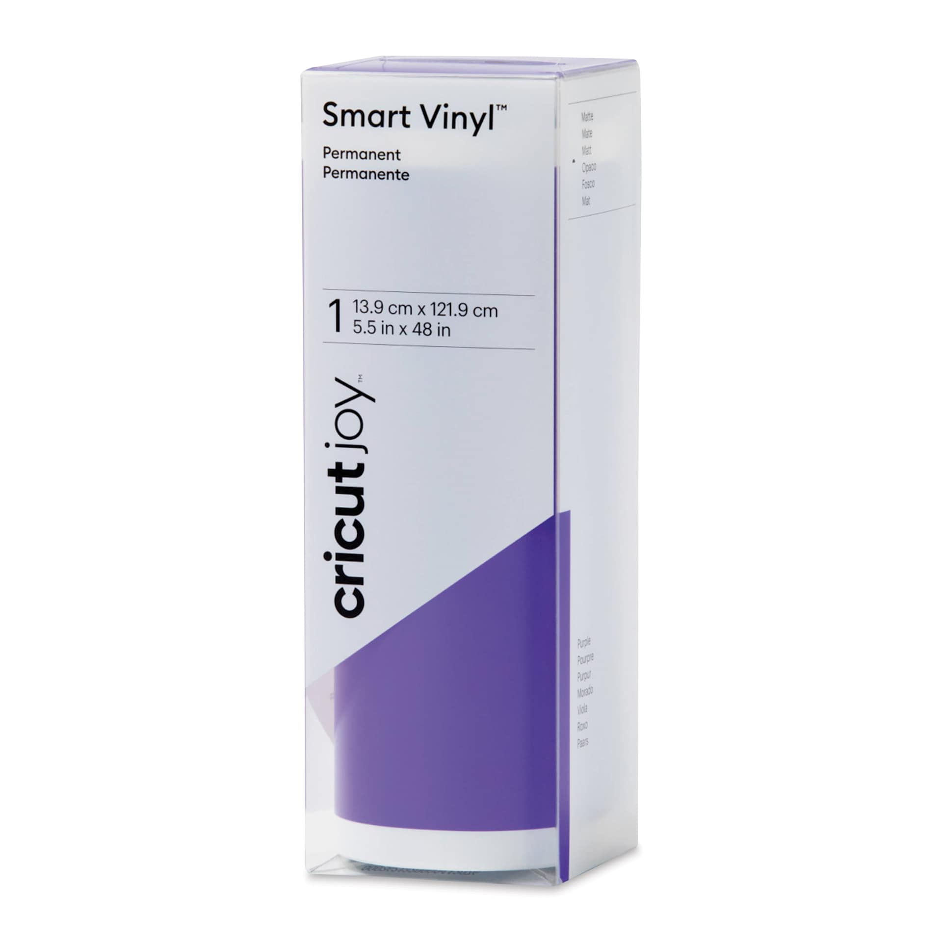 Cricut Joy Permanent Smart Vinyl - Purple, Matte, 5-1/2" x 48", roll inside of the packaging