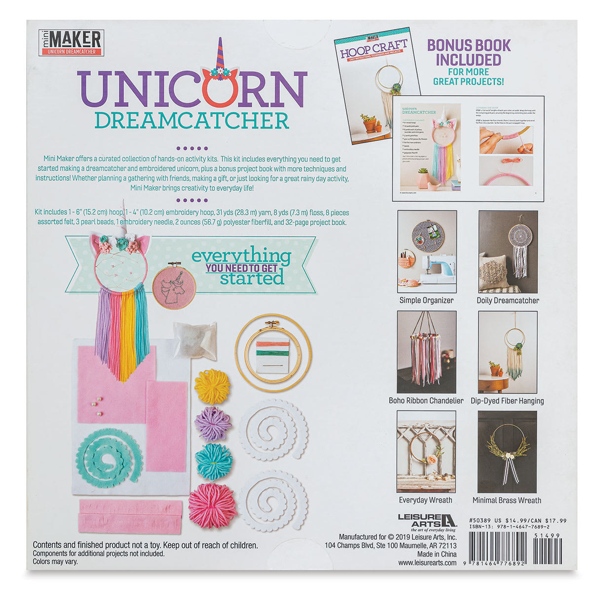 Leisure Arts Mini Maker Dreamcatcher Kit - Unicorn (Back of packaging)