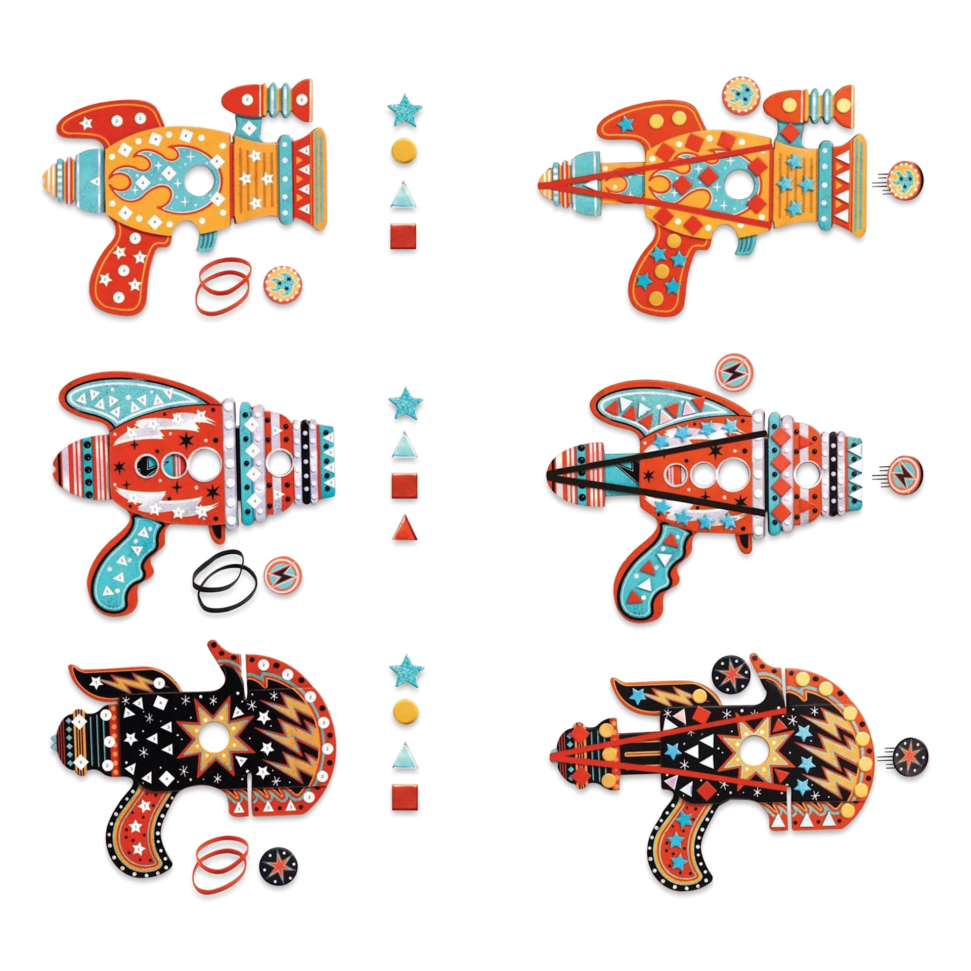 Djeco Do It Yourself Kosmik Token Launchers Kit - unfinished and finished examples
