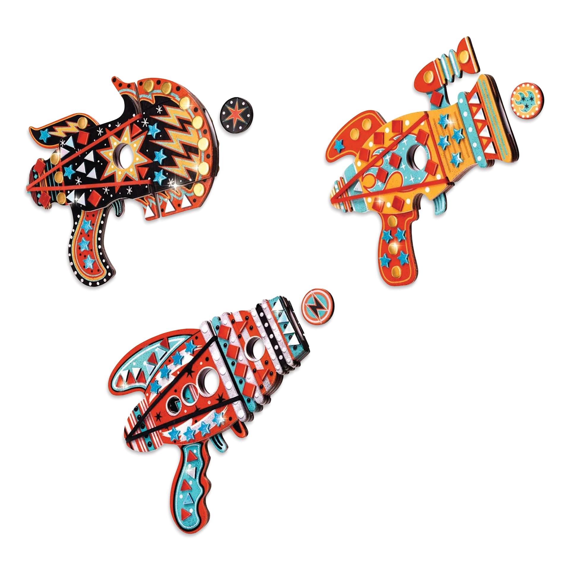 Djeco Do It Yourself Kosmik Token Launchers Kit - close-up of three finished examples