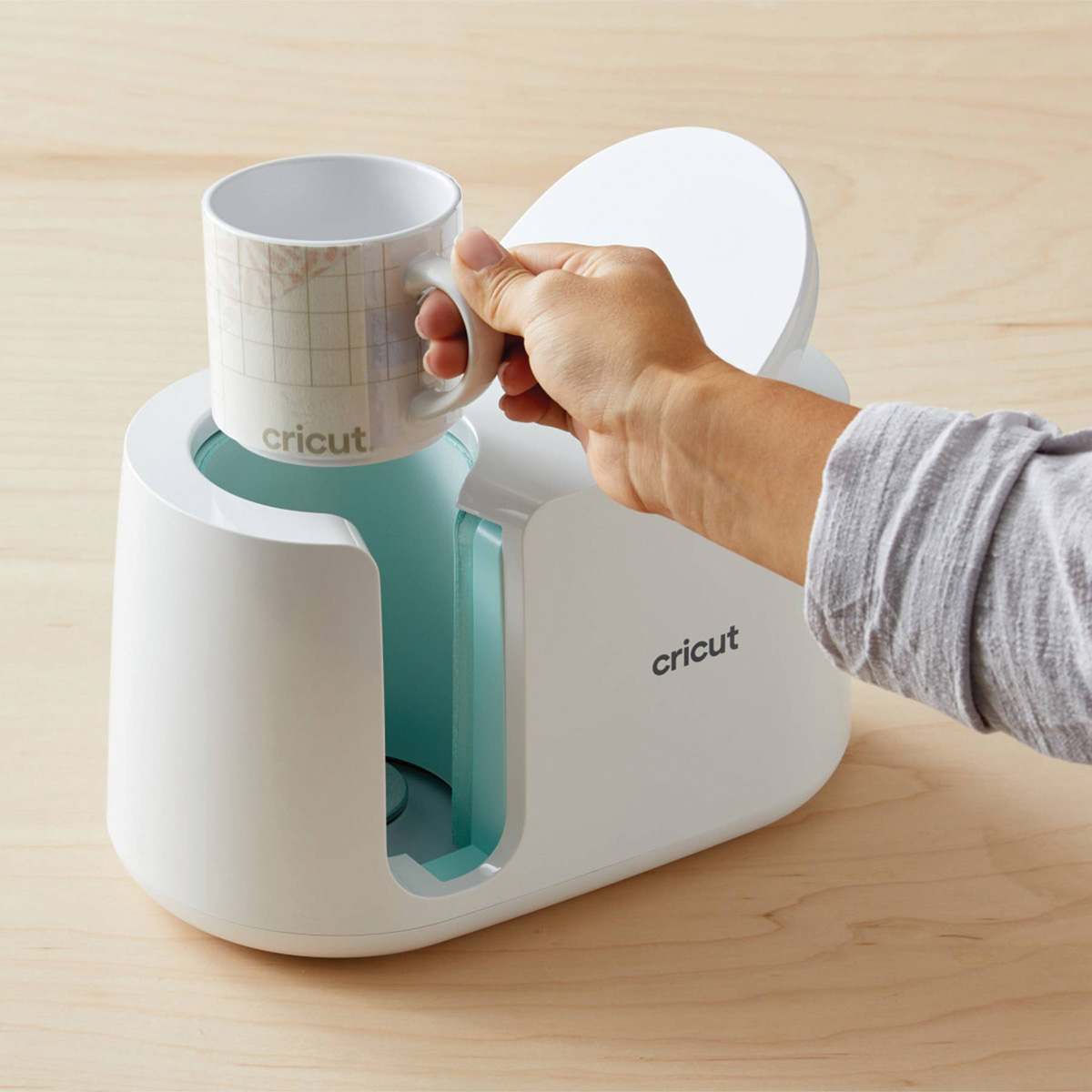 Cricut Stackable Mug Blanks - Package of 4, White, 10 oz (Person adding design to mug with Cricut Mug Press, Cricut Mug Press sold separately)