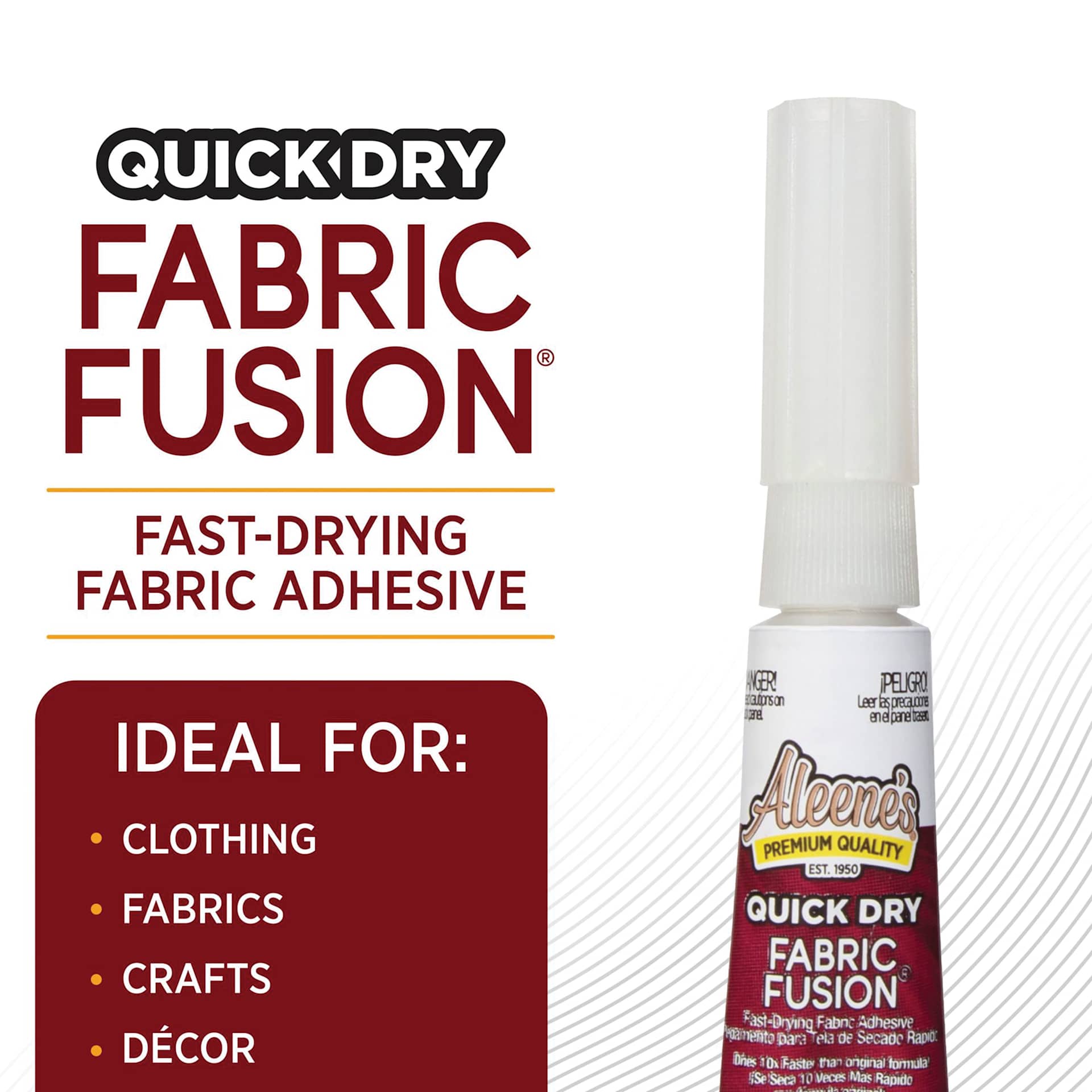 Quick dry fabric fusion: fast drying fabric adhesive. Ideal for: clothing, fabrics, crafts, decor.