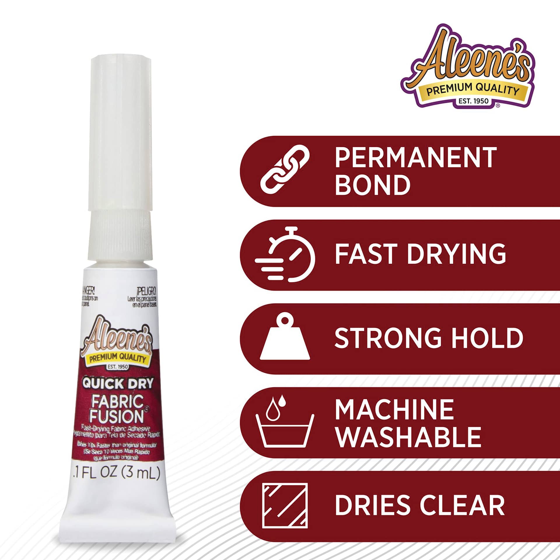 Permanent bond, fast drying, strong hold, machine washable, dries clear