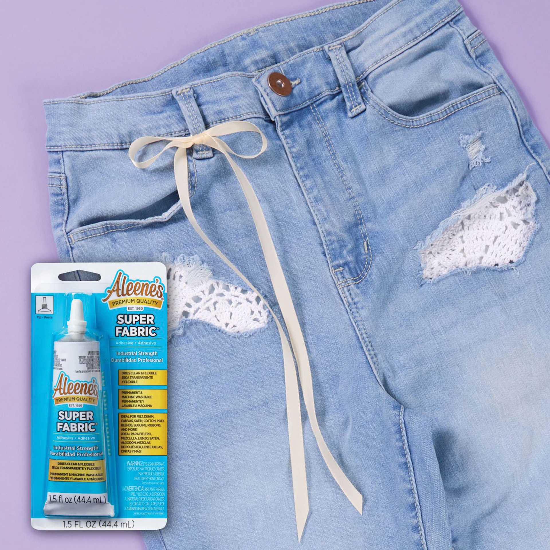 Aleene's Super Fabric Adhesive - 1.5 oz with completed project on jeans