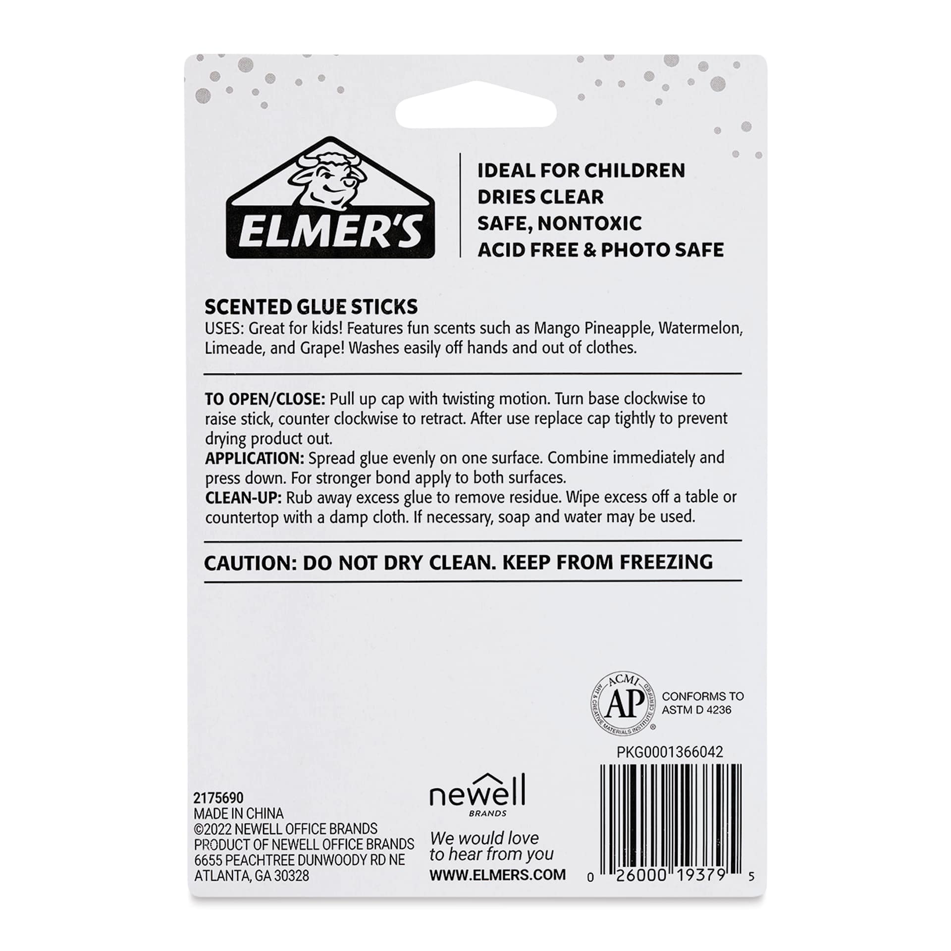 Elmer’s Scented Glue Sticks - Fruity, Pkg of 4, back of the packaging