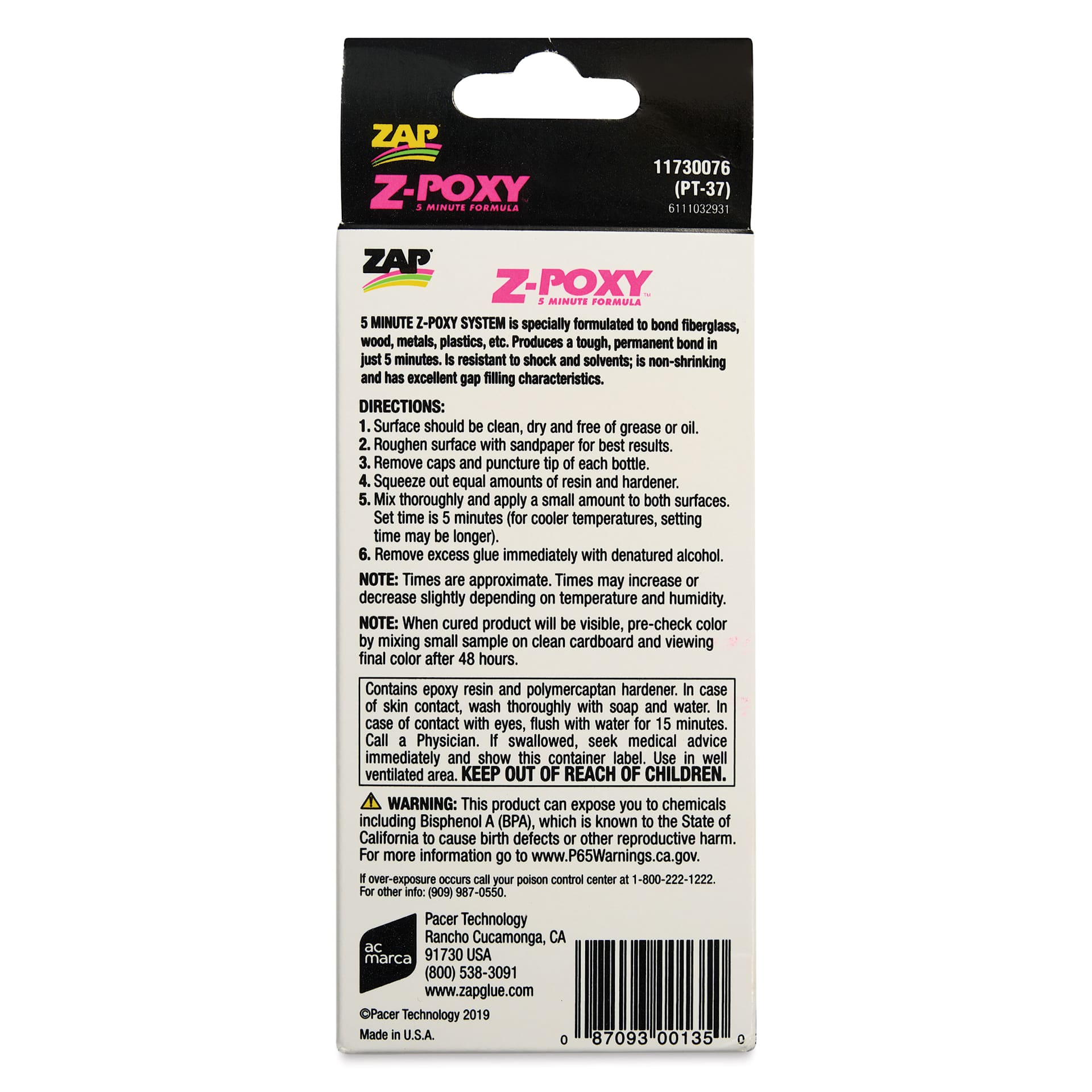 Zap Z-Poxy 5 Minute Epoxy Formula - 4 oz Set - back of packaging