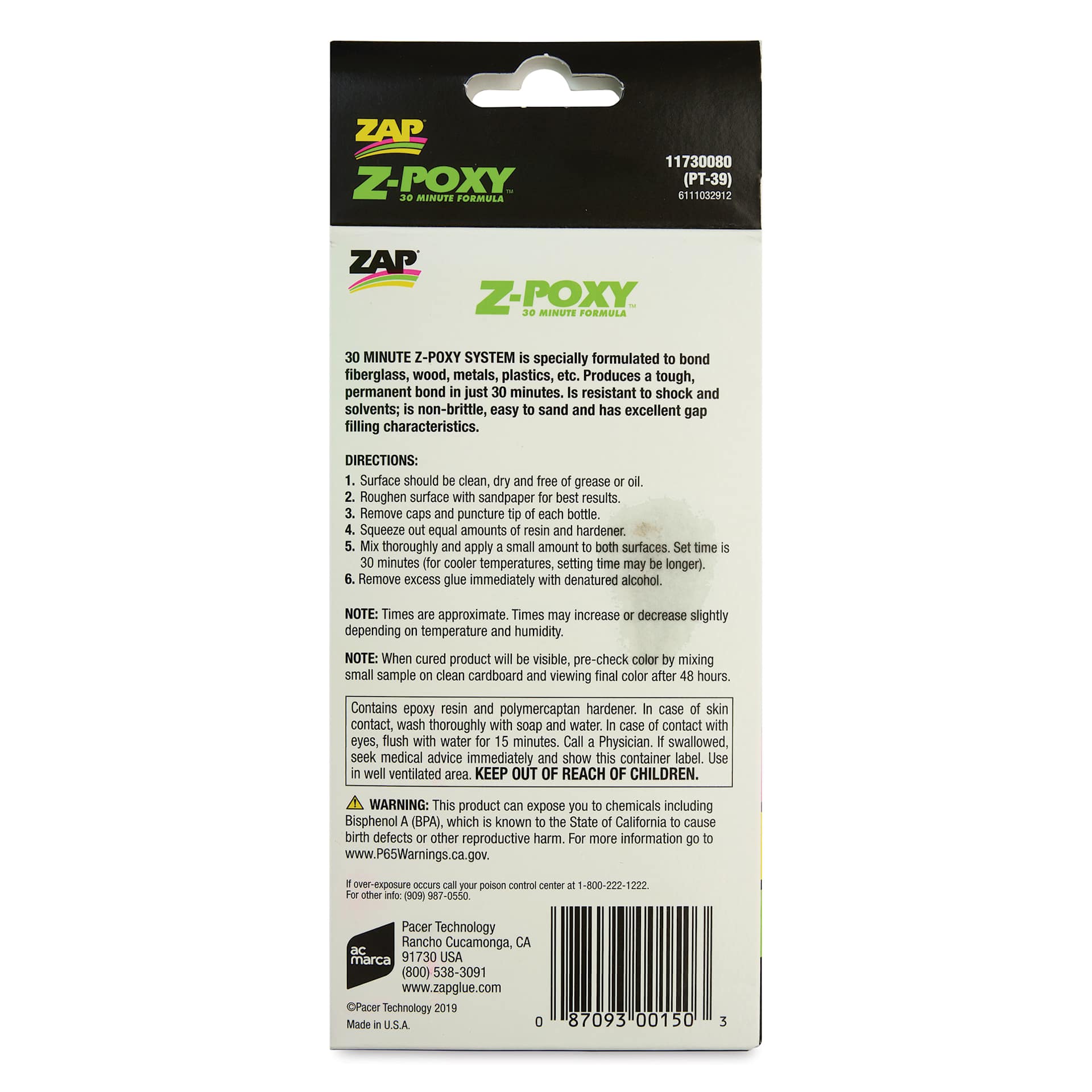 Zap Z-Poxy 30 Minute Epoxy Formula - 8 oz Set - back of packaging