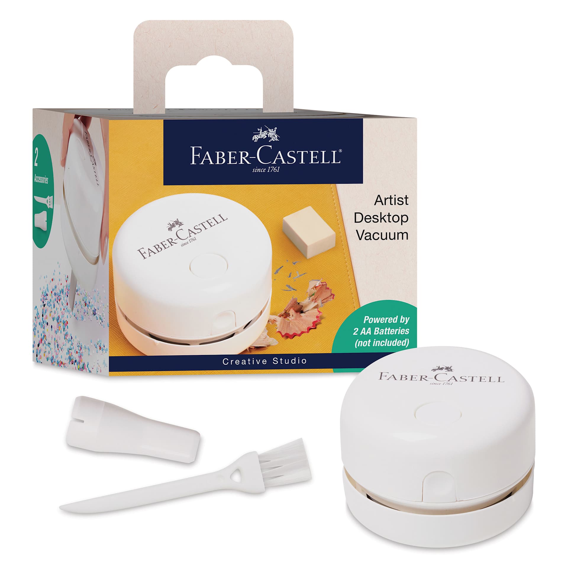 Faber-Castell Creative Studio Artist Desktop Vacuum - White, contents in front of the box Faber-Castell Creative Studio Artist Desktop Vacuum - White, contents in front of the box