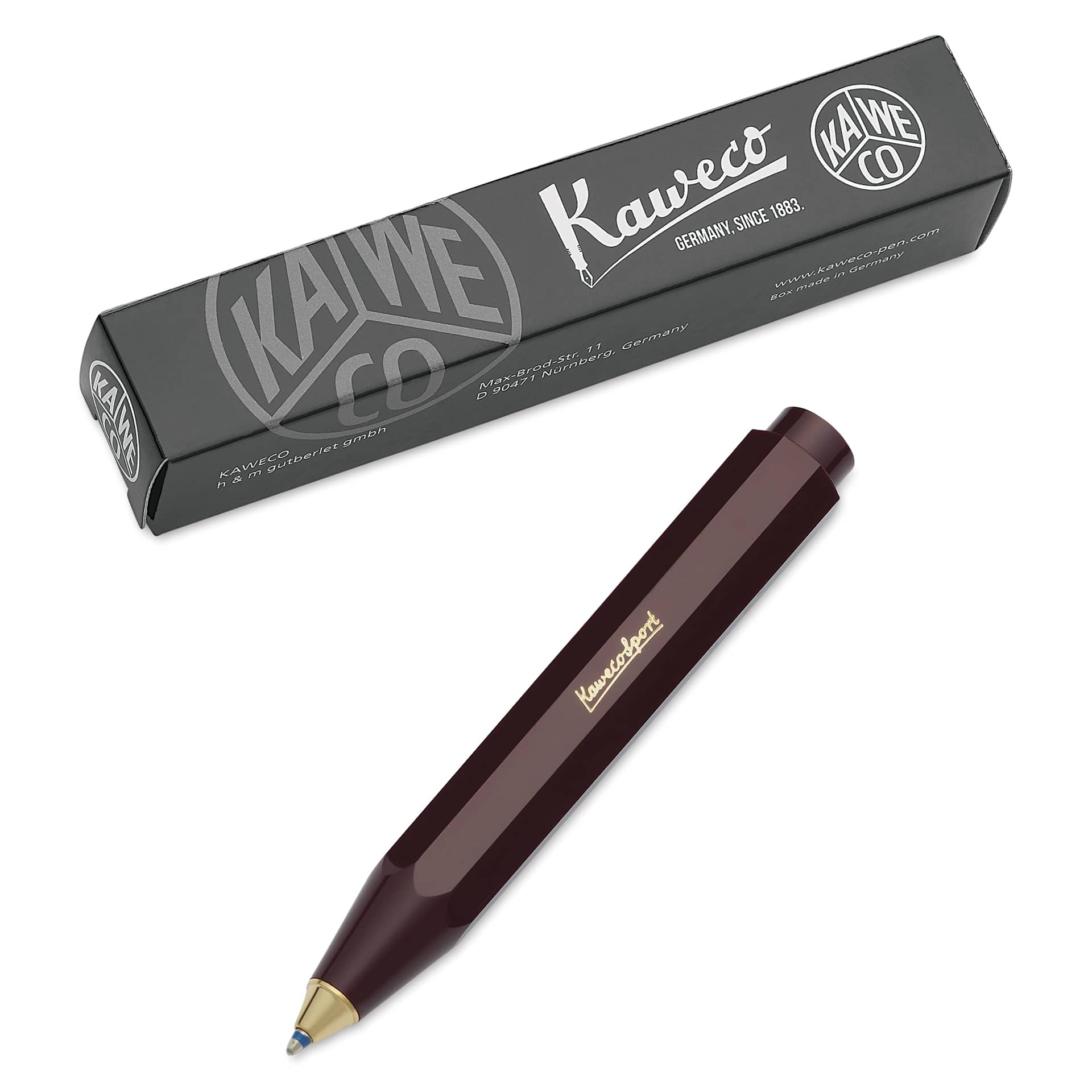 Kaweco Classic Sport Ballpoint Pen - Bordeaux, Blue Ink - pen and front of packaging