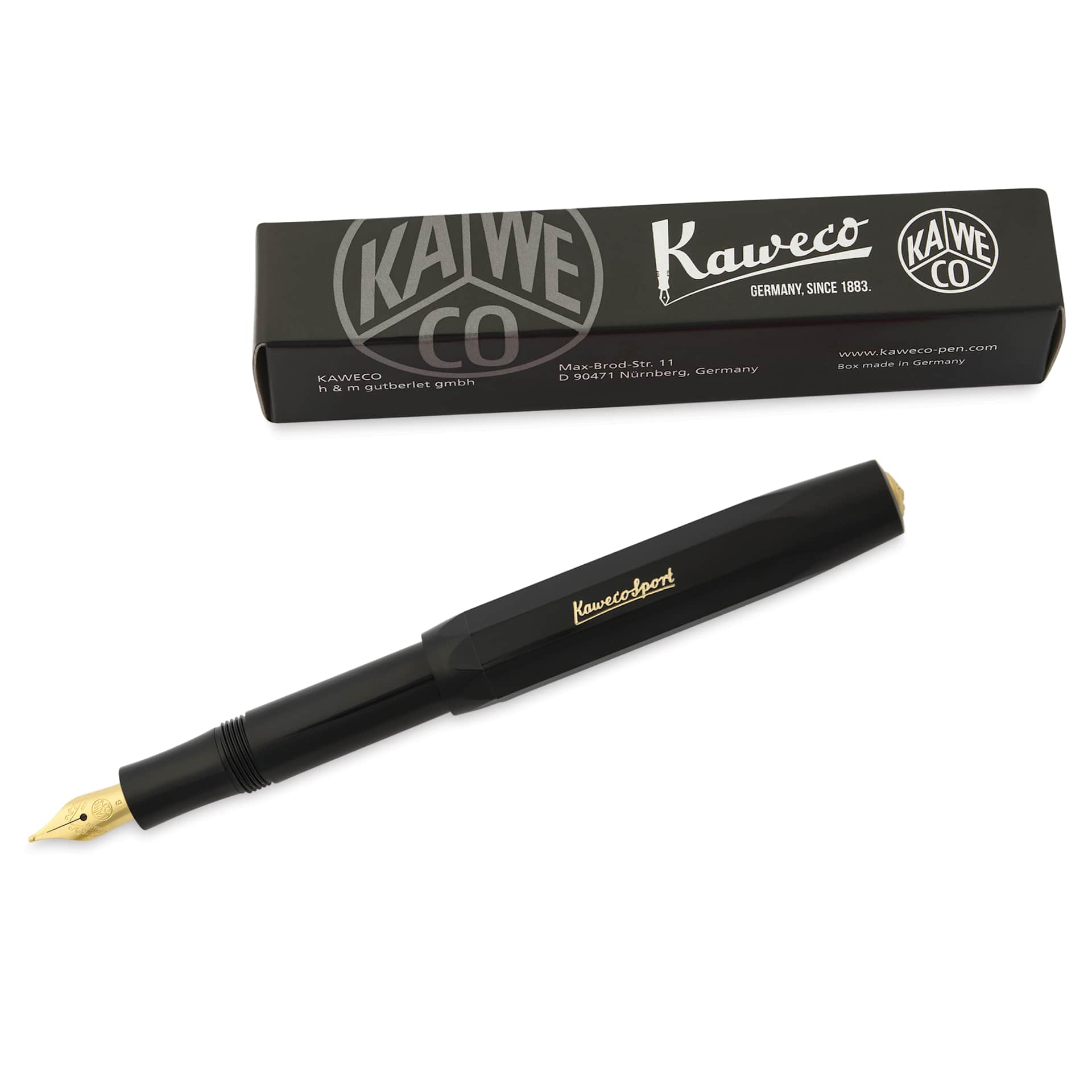 Kaweco Classic Sport Fountain Pen - Black, Broad, pen next to packaging