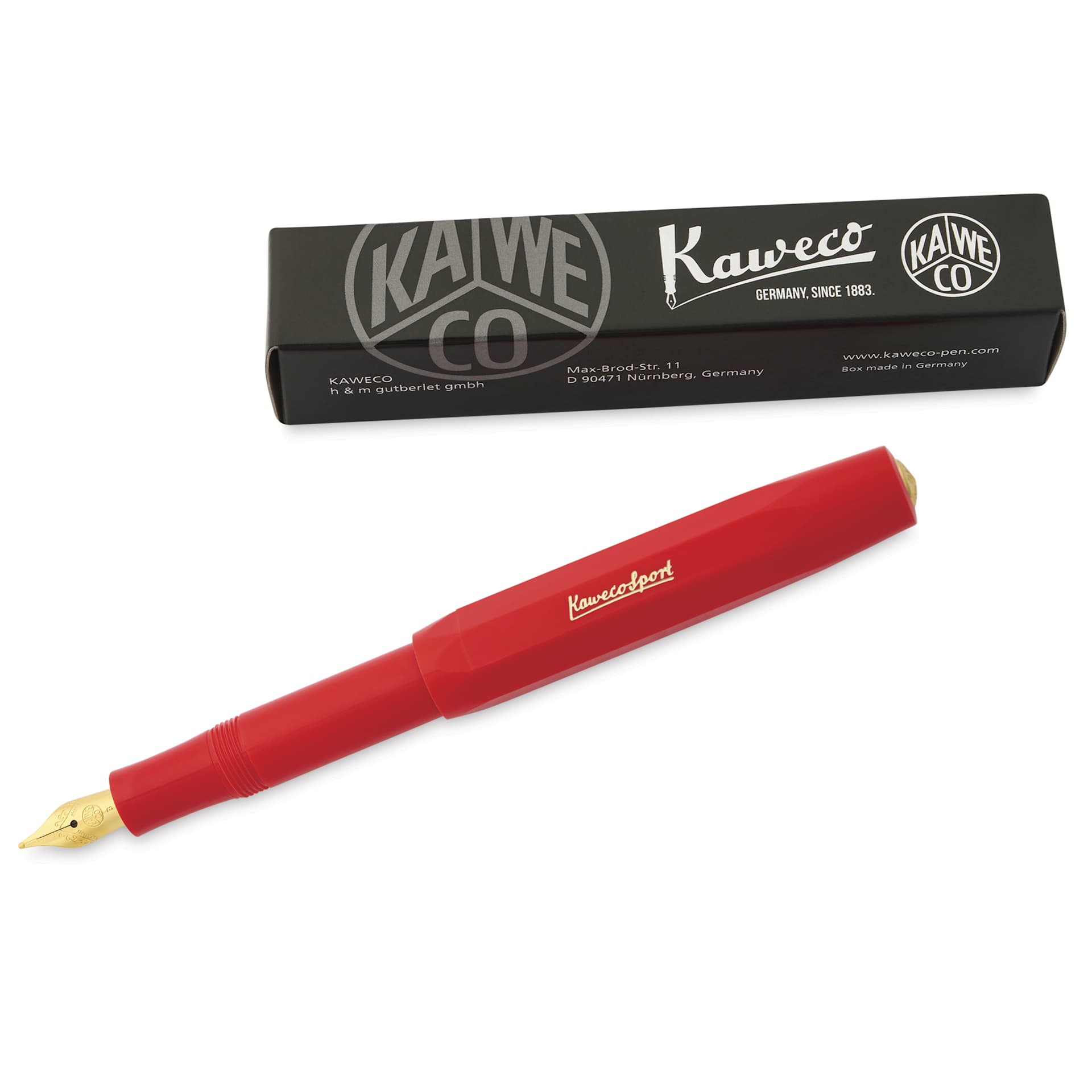 Kaweco Classic Sport Fountain Pen - Red, Broad, pen next to the packaging