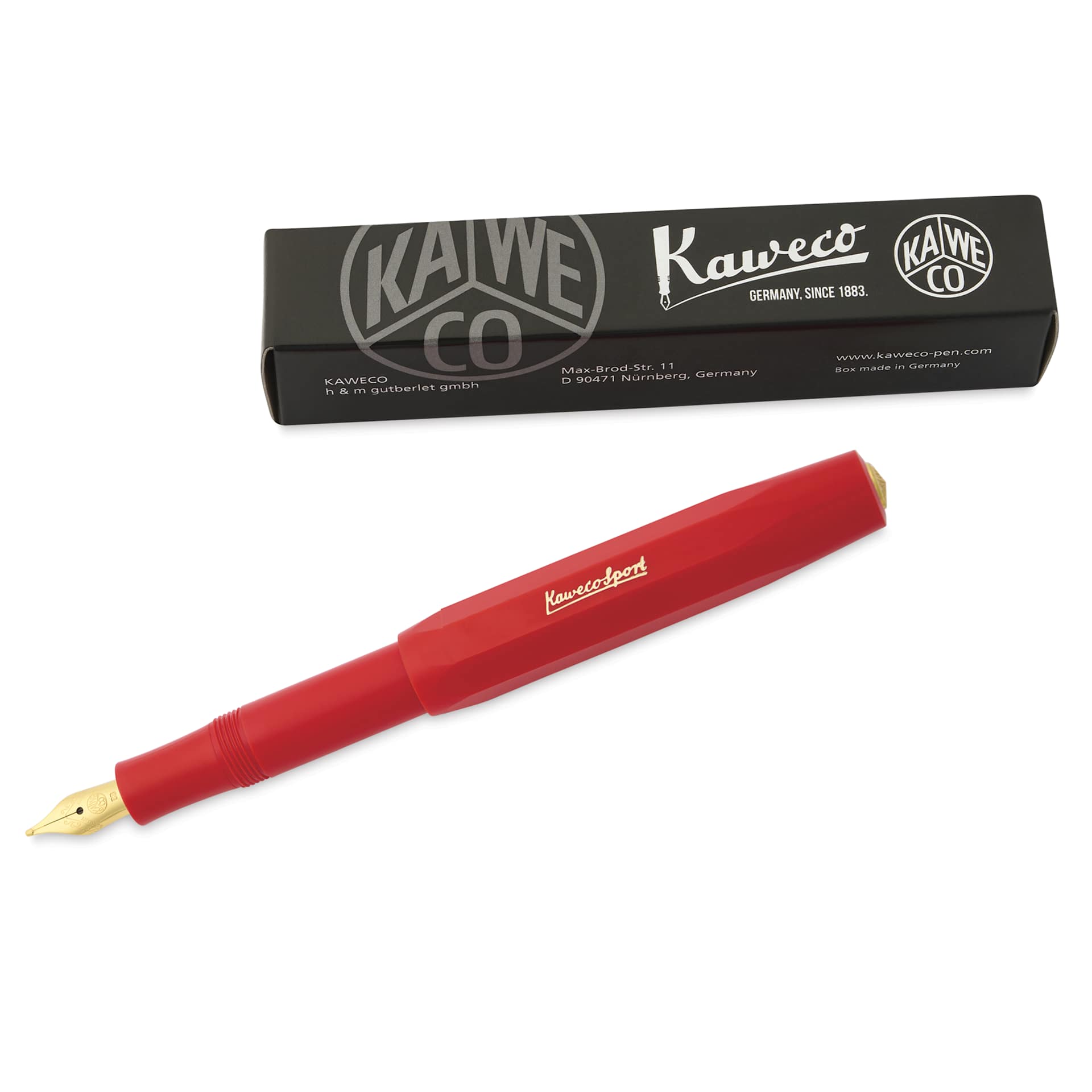 Kaweco Classic Sport Fountain Pen - Red, Extra-Broad, pen next to the packaging