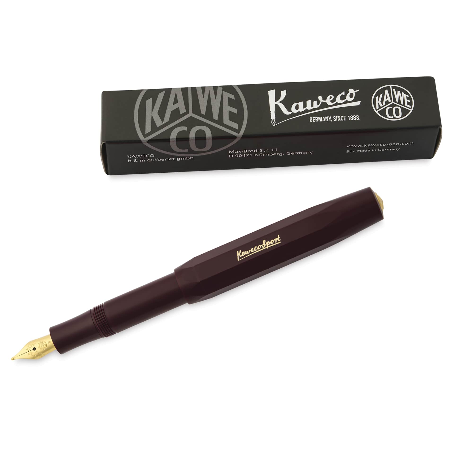 Kaweco Classic Sport Fountain Pen - Bordeaux, Broad, pen next to packaging