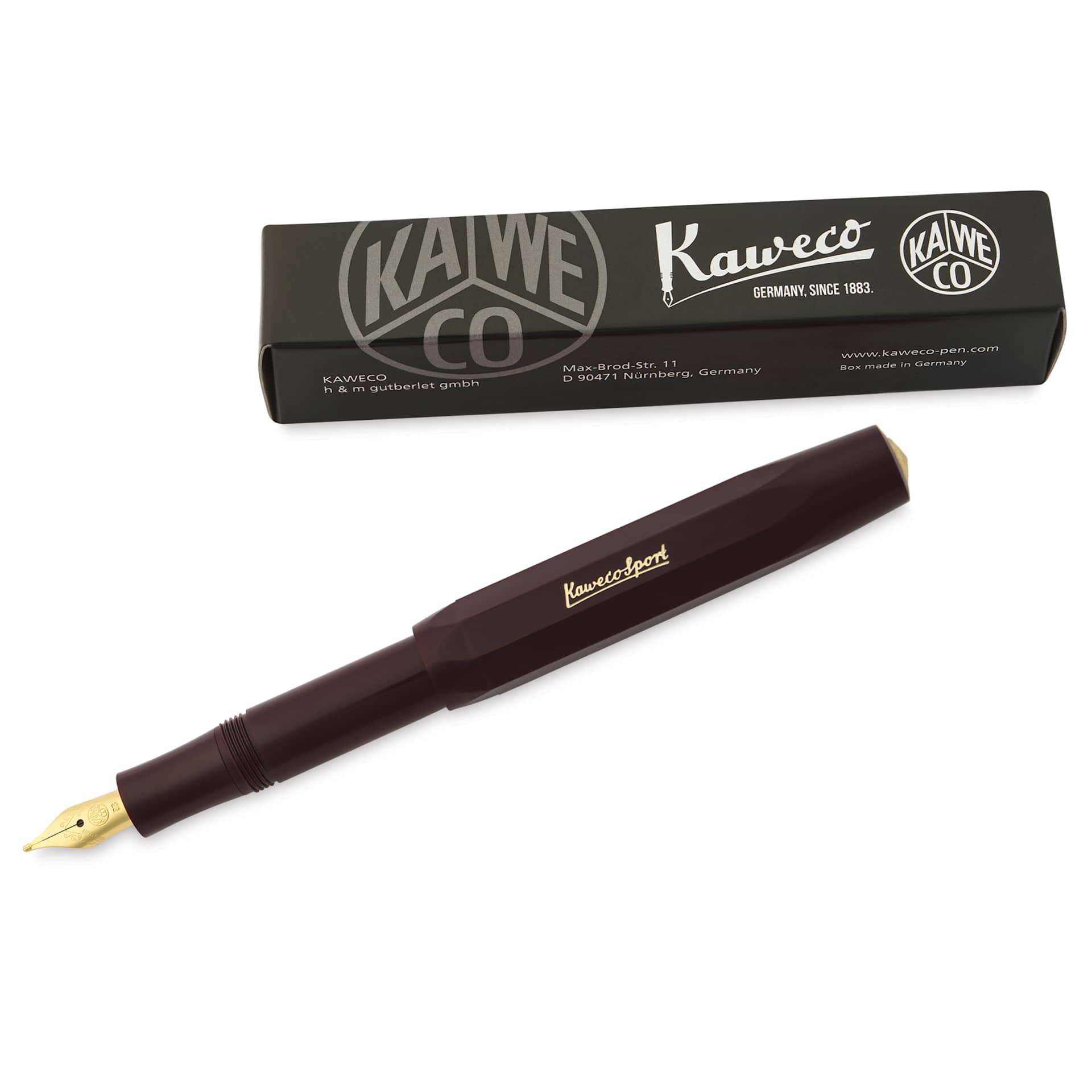 Kaweco Classic Sport Fountain Pen - Bordeaux, Extra-Broad, pen next to the packaging