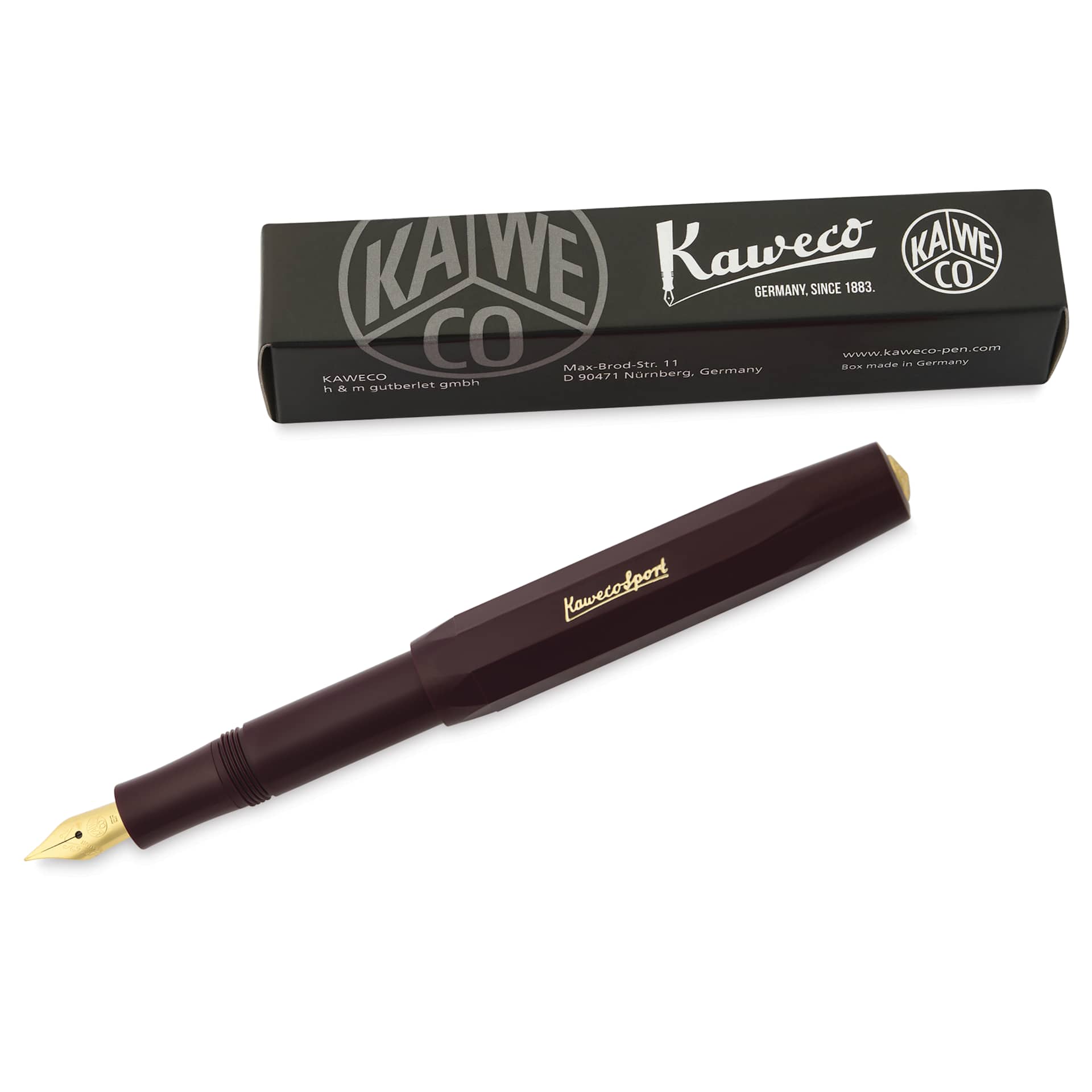 Kaweco Classic Sport Fountain Pen - Bordeaux, Extra-Fine, pen next to packaging