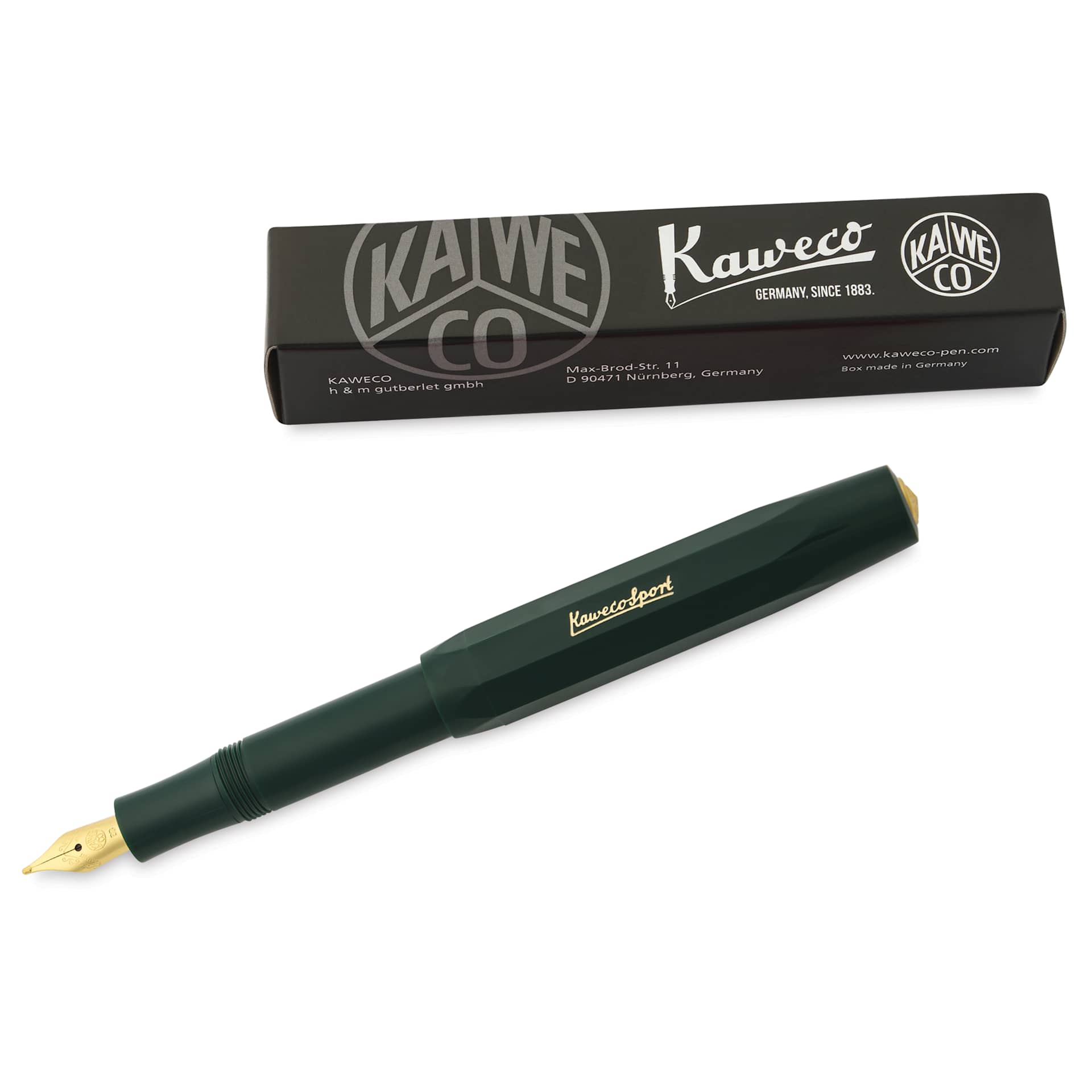 Kaweco Classic Sport Fountain Pen - Green, Extra-Broad, pen next to the packaging