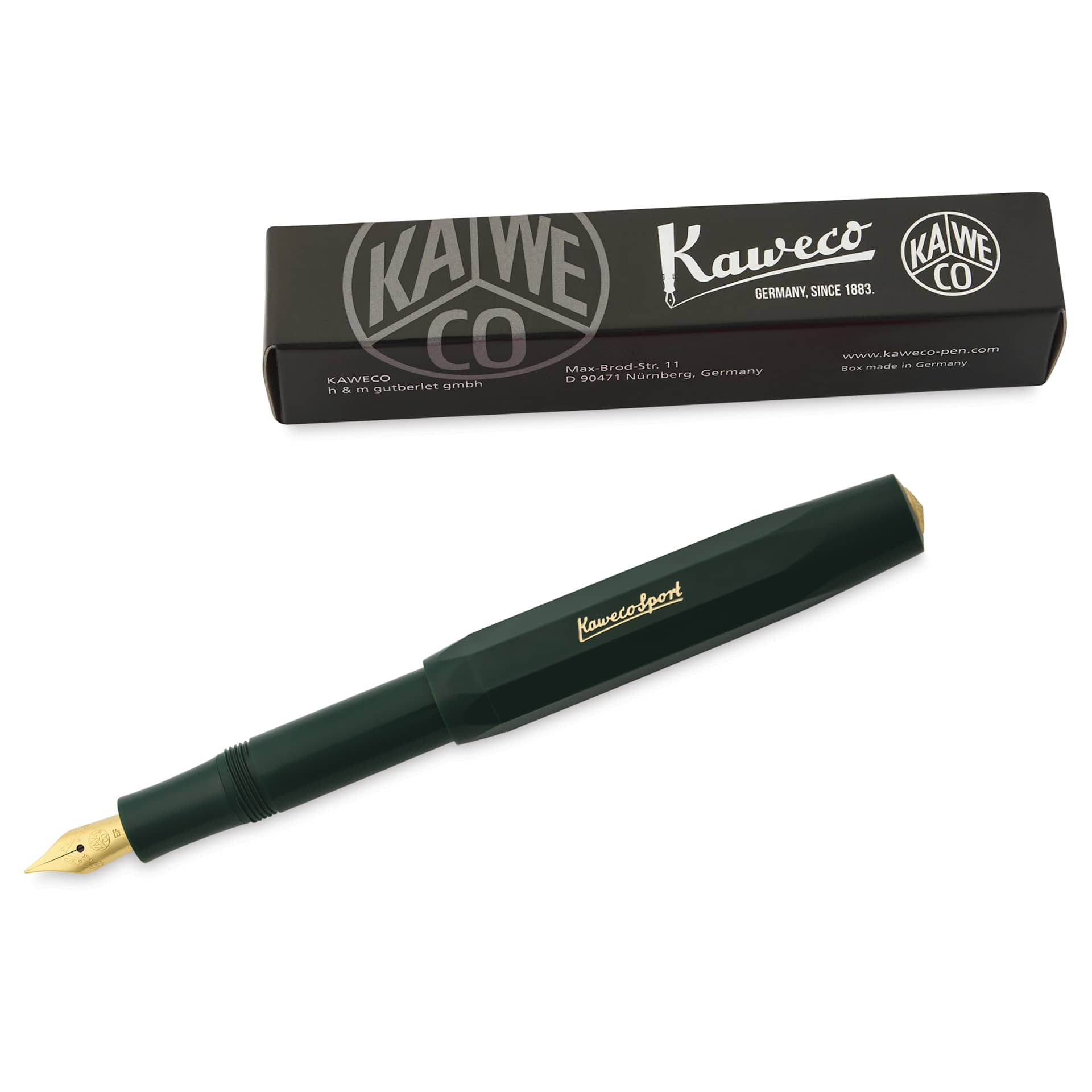 Kaweco Classic Sport Fountain Pen - Green, Extra-Fine, pen next to the packaging