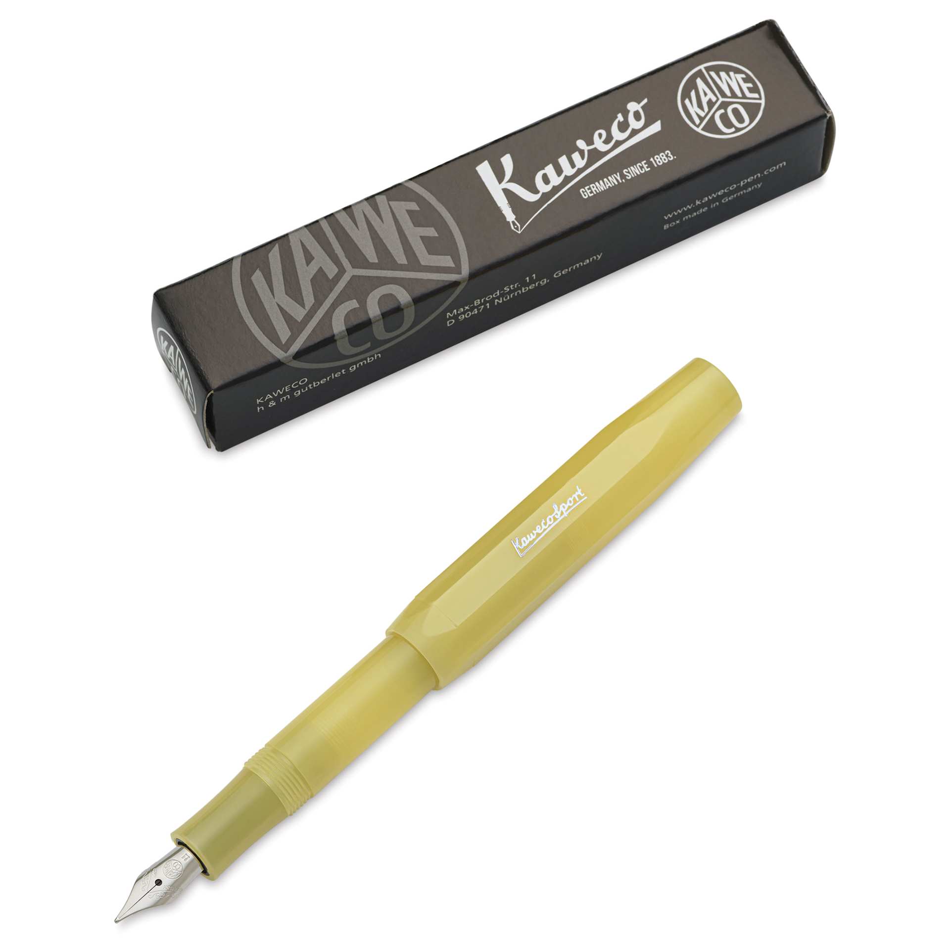 Kaweco Frosted Sport Fountain Pen - Sweet Banana, Medium, pen next to packaging