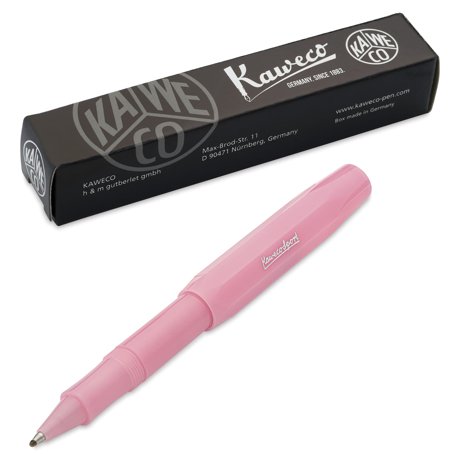 Kaweco Frosted Sport Rollall Pen - Blush Pitaya, pen next to packaging