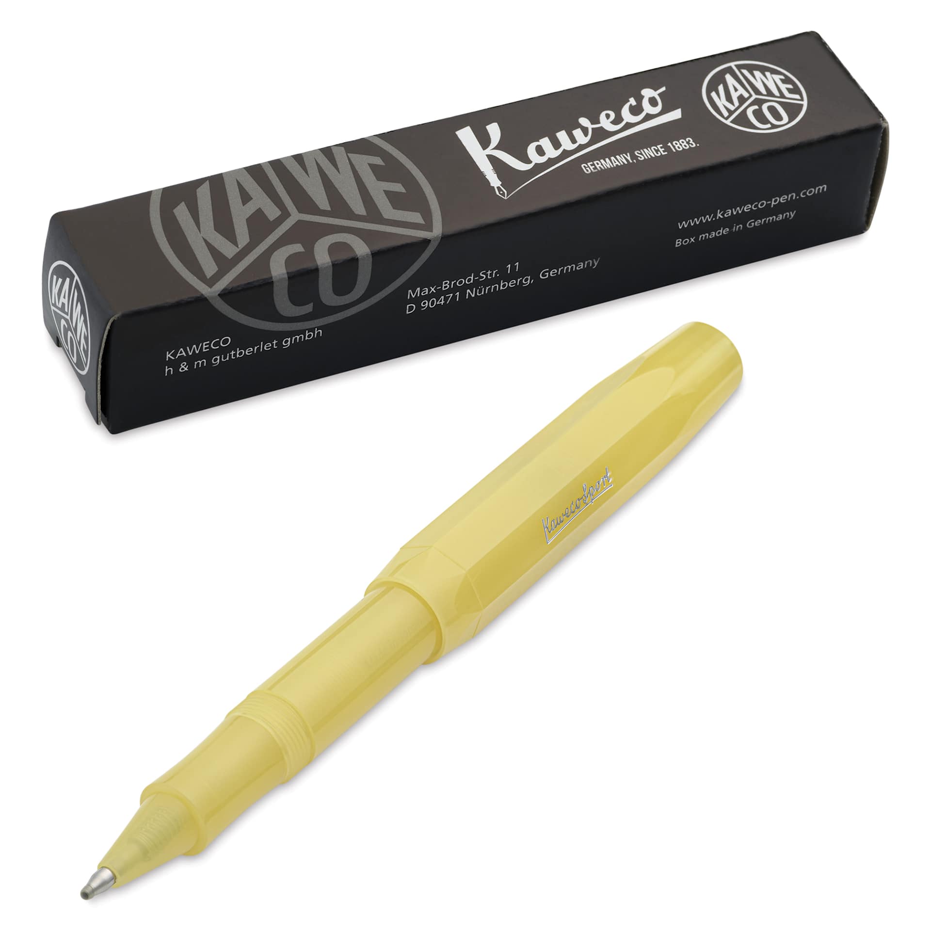 Kaweco Frosted Sport Rollall Pen - Sweet Banana, pen next to the packaging