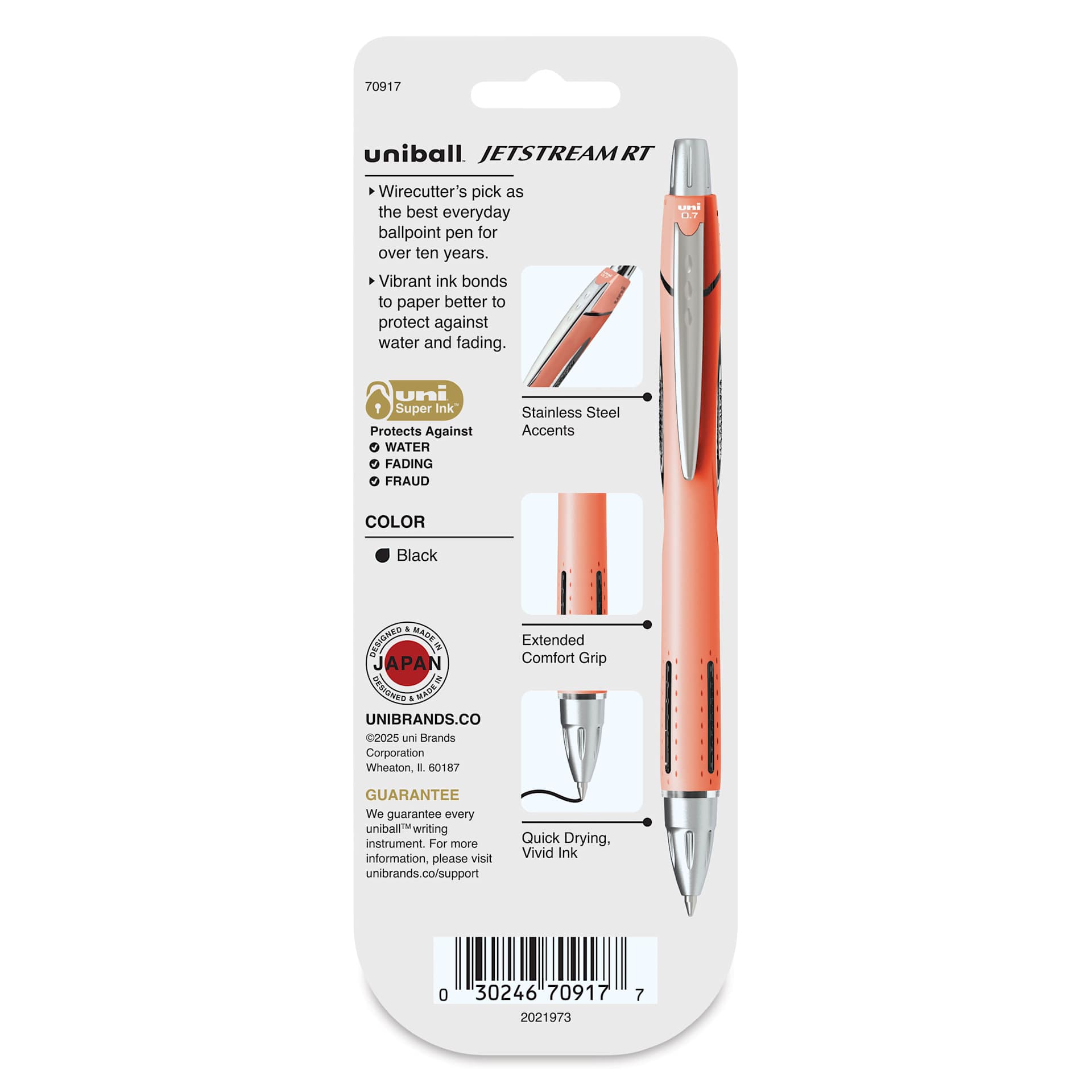 Uni-Ball Jetstream RT Retractable Ballpoint Pens - Assorted, 0.7 mm, Set of 3, back of packaging