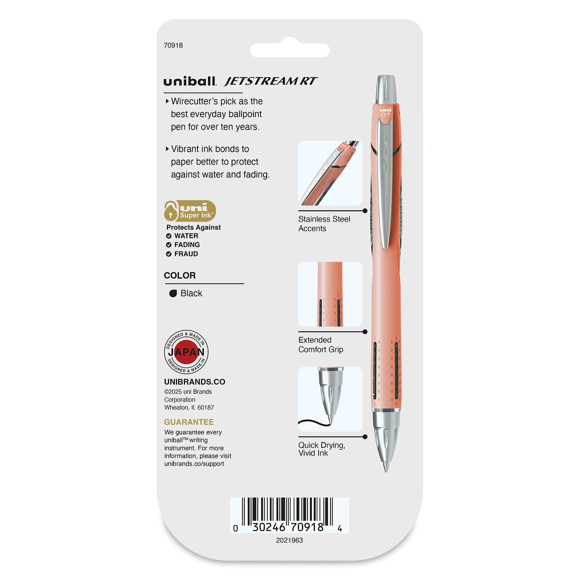 Uni-Ball Jetstream RT Retractable Ballpoint Pens - Warm Colors, 0.7 mm, Set of 4, back of packaging