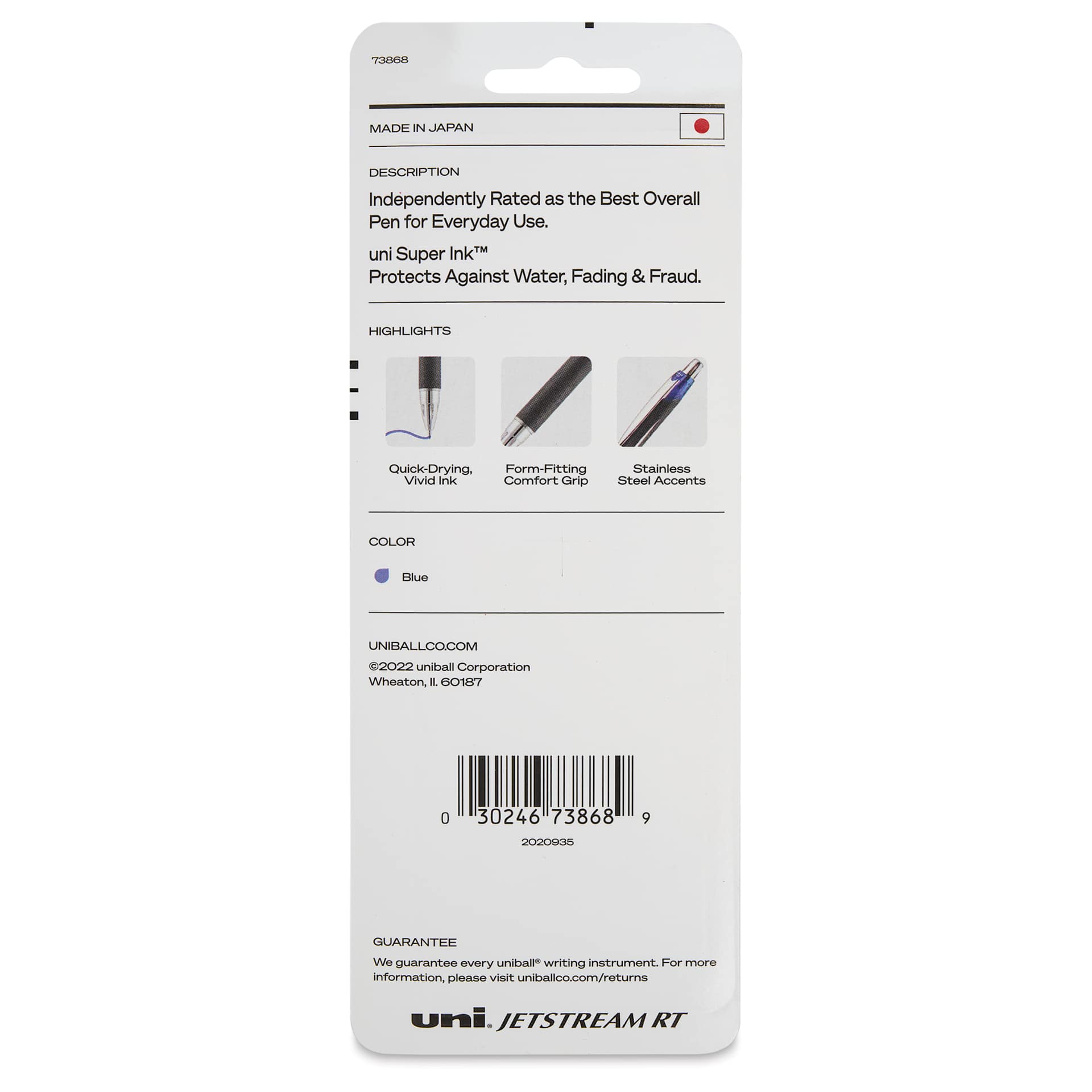 Uni-Ball Jetstream RT Retractable Ballpoint Pens - Blue, 1.0 mm, Set of 3, back of packaging