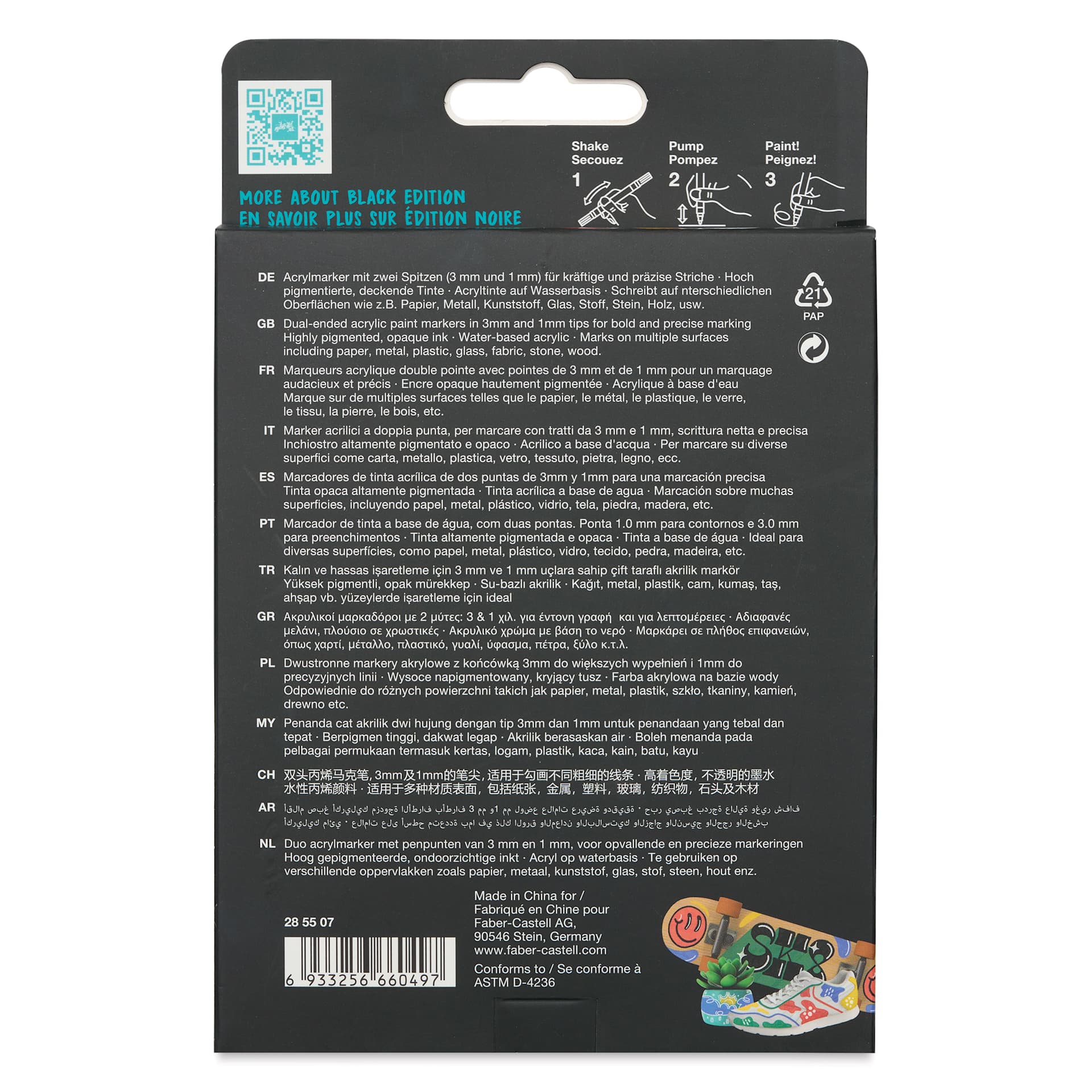 Faber-Castell Black Edition Twin Acrylic Marker - Classic Colors, Set of 6, back of pack