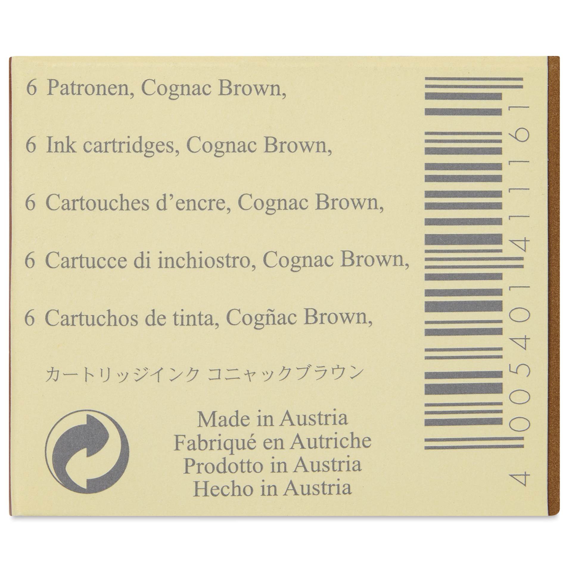 Graf von Faber-Castell Fountain Pen Cartridges - Cognac Brown, Pkg of 6 - back of packaging