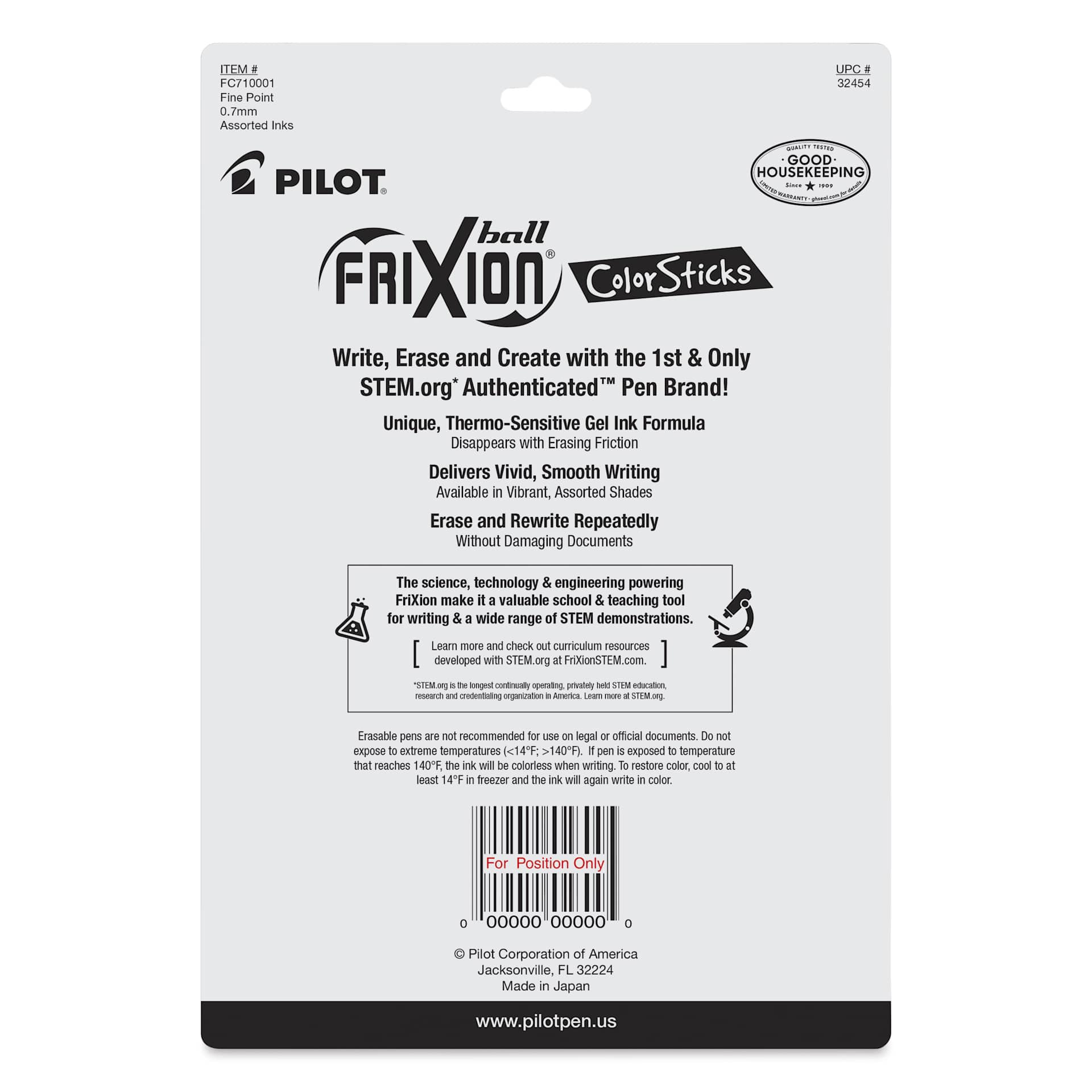 Pilot FriXion Erasable Color Stick - Set 1, Set of 10, Assorted, back of packaging