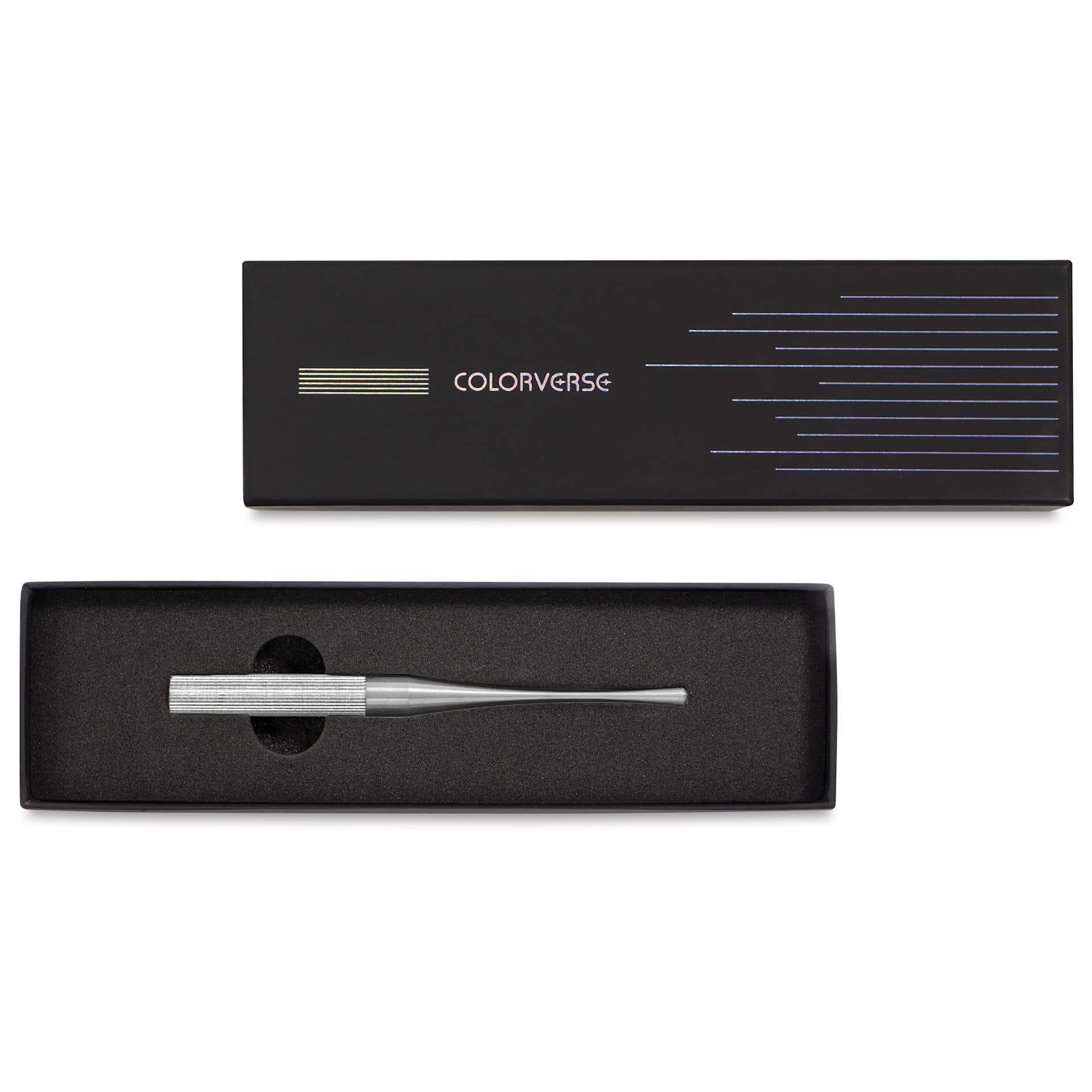 Colorverse Shuttle Nib Holder - Aluminum, Short, shown inside of the packaging