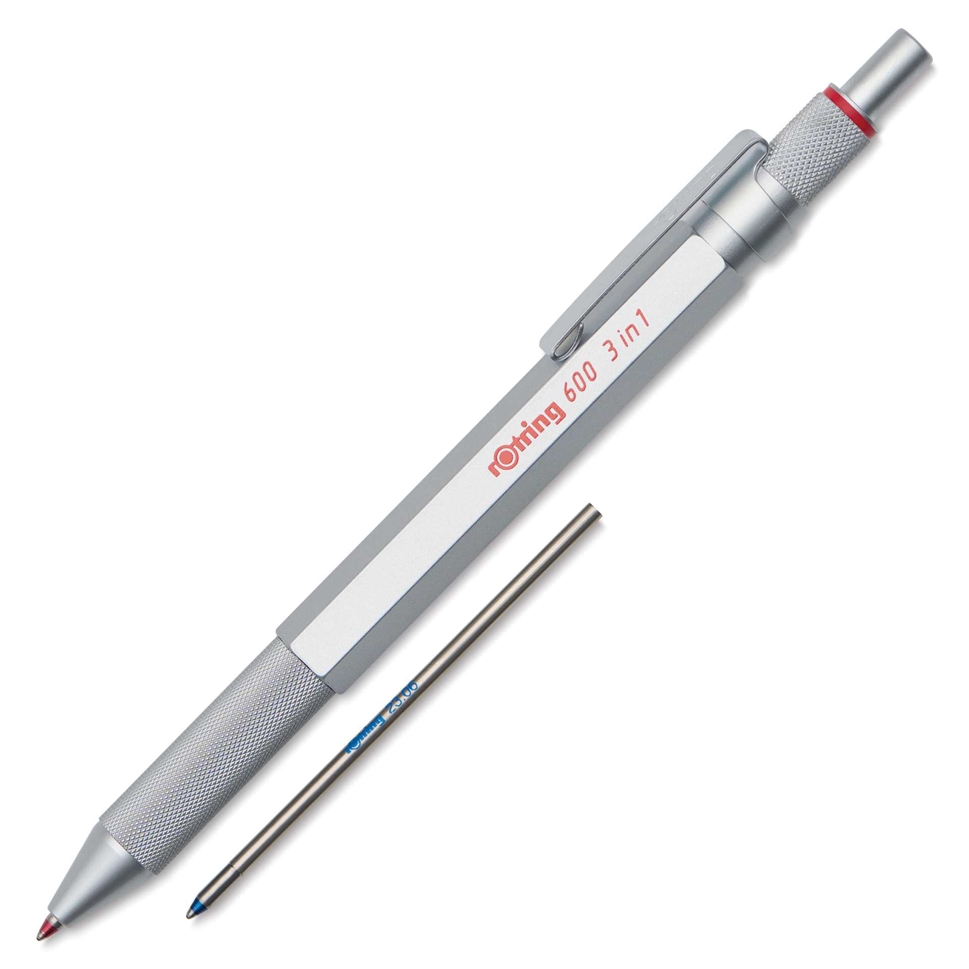 Rotring 600 3-in-1 Multicolor Ballpoint Pen and Mechanical Pencil - Silver, with extra pen refill