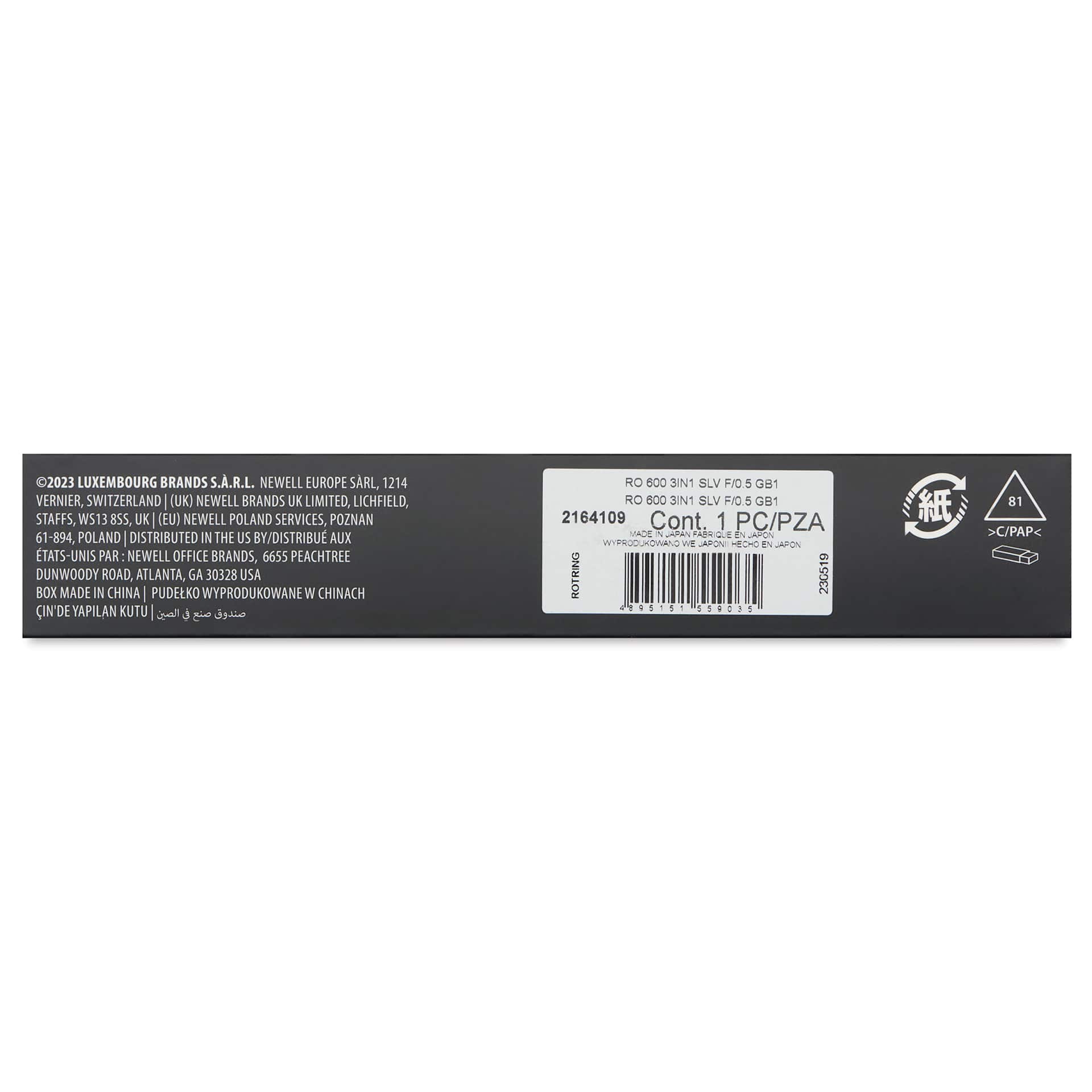 Rotring 600 3-in-1 Multicolor Ballpoint Pen and Mechanical Pencil - Silver, back of the packaging