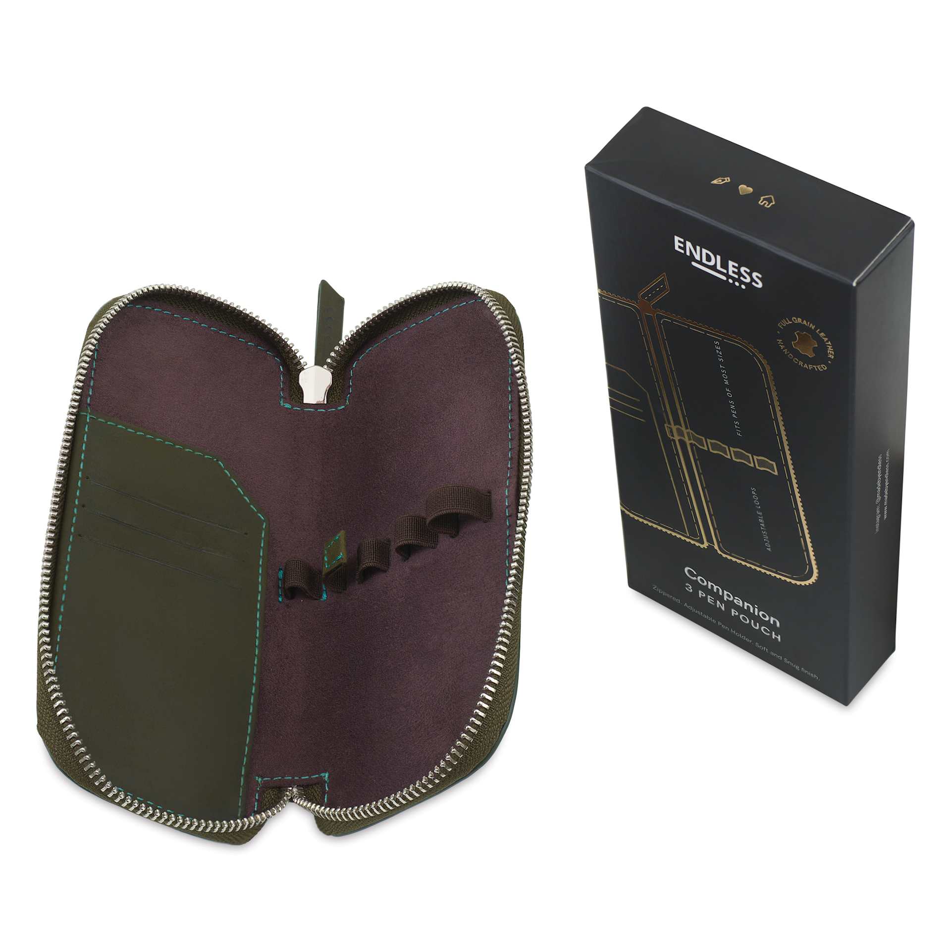 Endless Companion 3 Pen Pouch - Green, pen case opened next to packaging