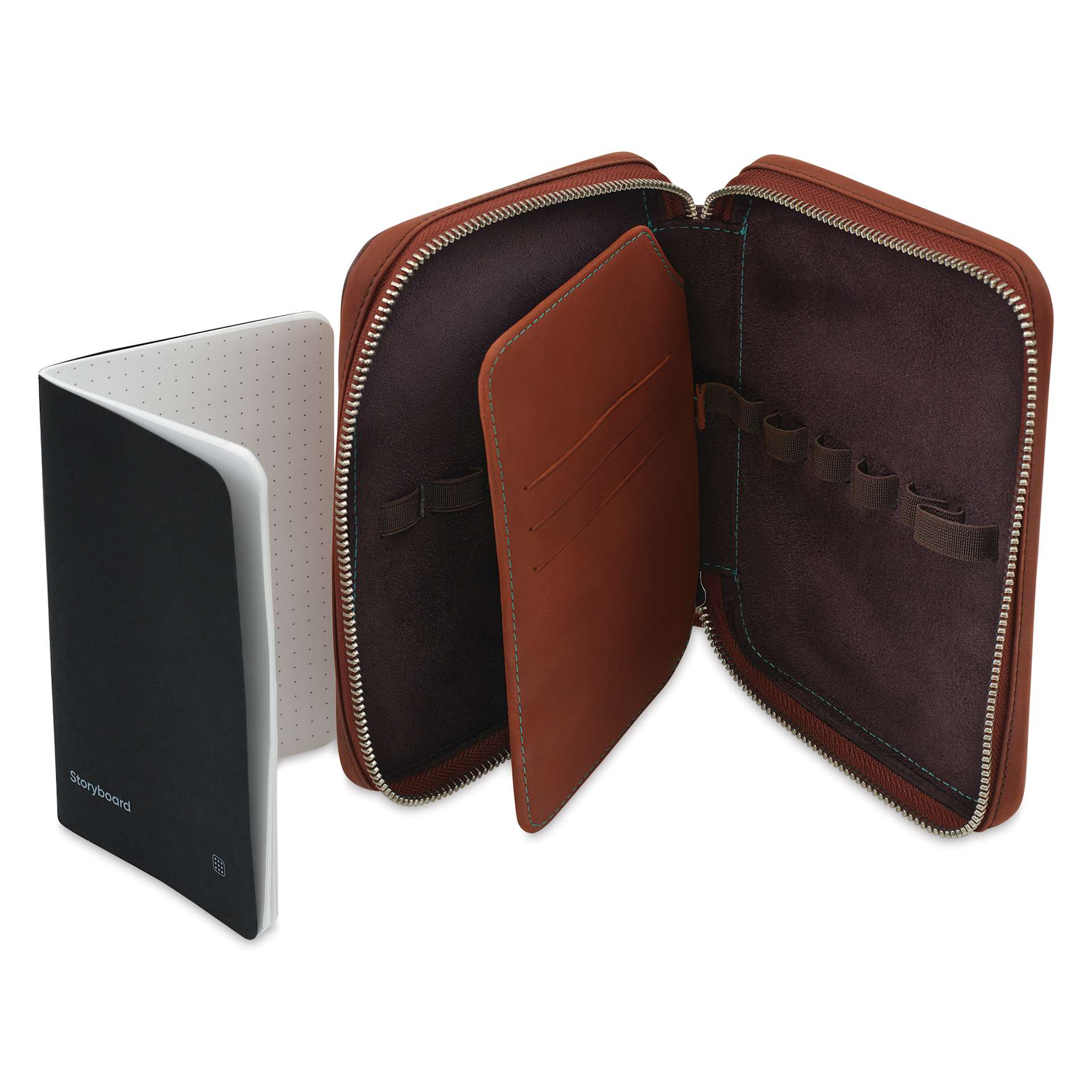 Endless Companion 10 Pen Pouch - Brown, pen case open and pocket notebook standing