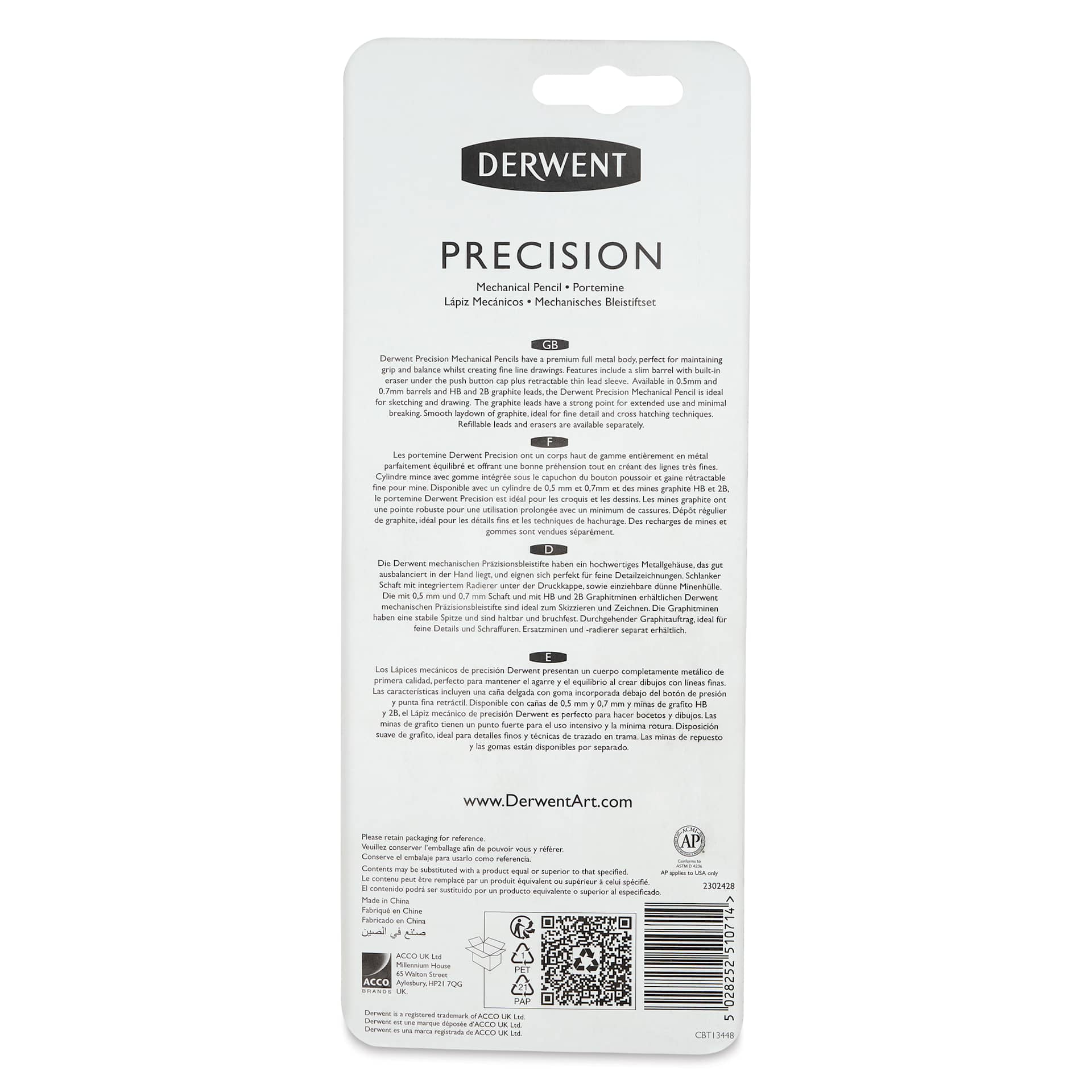 Derwent Precision Mechanical Pencil - Set of 5, back of the packaging