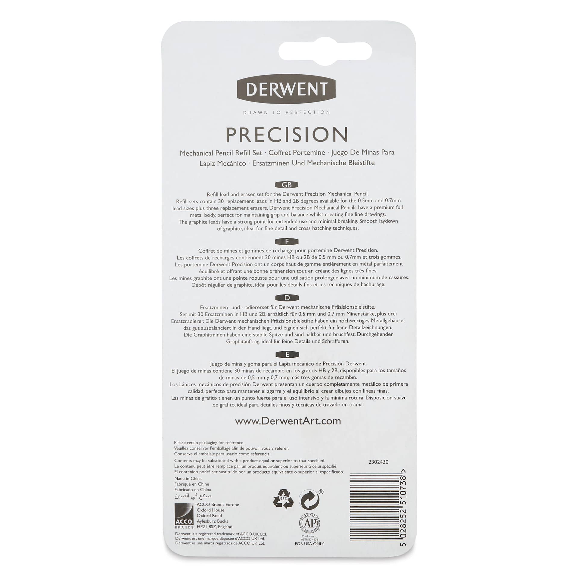 Derwent Precision Mechanical Pencil - Refill, Set of 5, back of the packaging 