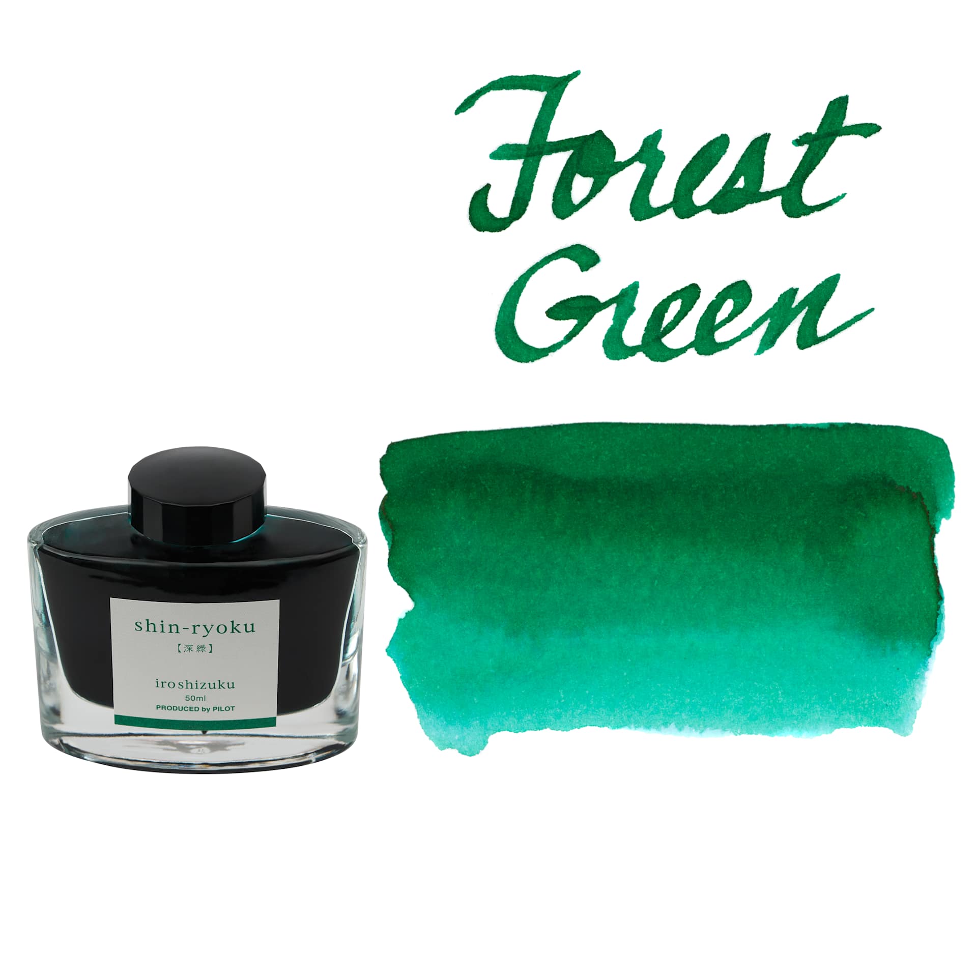 Pilot Iroshizuku Fountain Pen Ink - Forest Green (Shin-ryoku), swatch and bottle