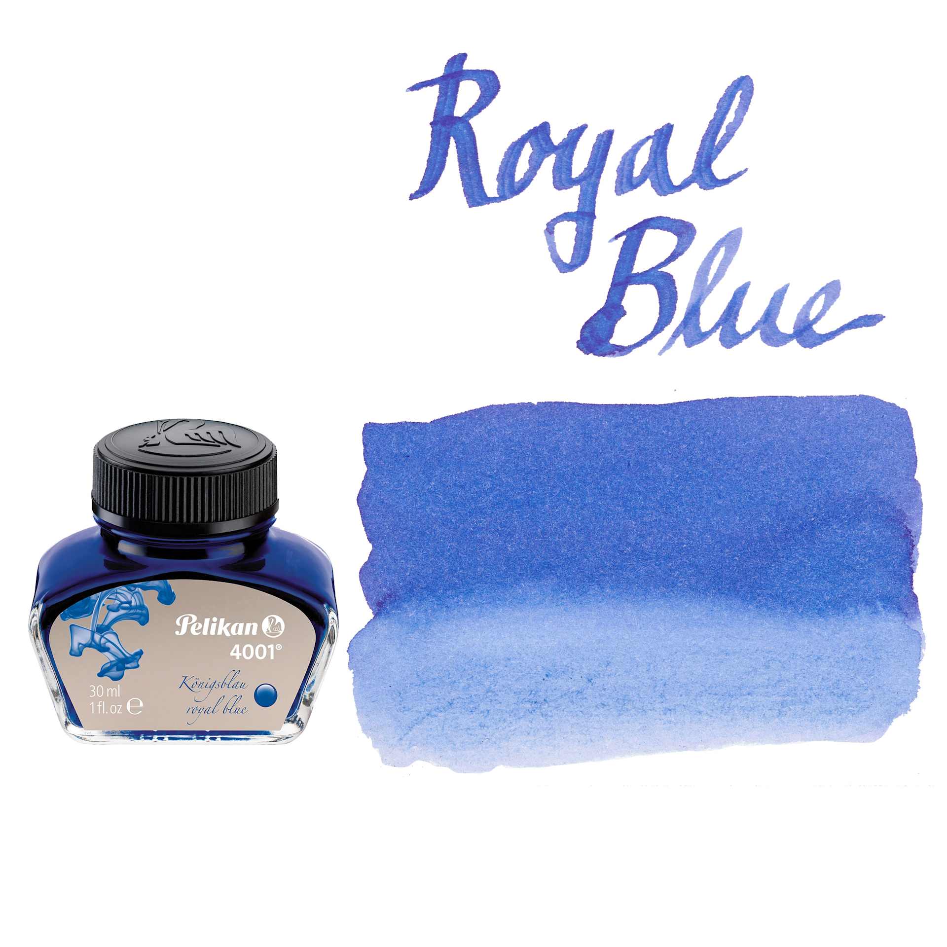 Pelikan 4001 Fountain Pen Ink - Royal Blue, bottle and swatch
