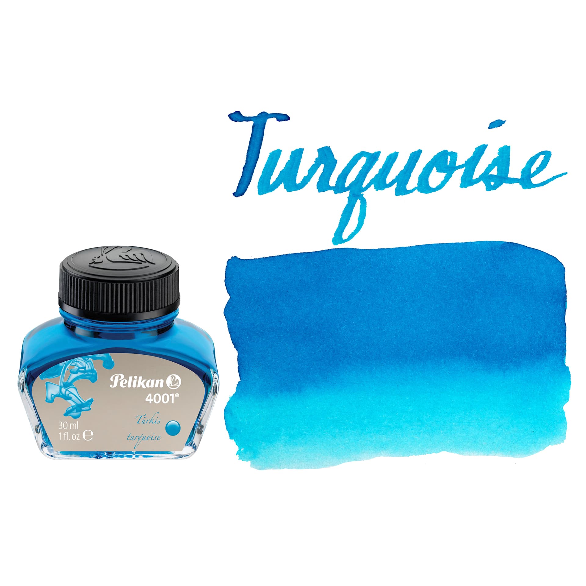 Pelikan 4001 Fountain Pen Ink - Turquoise, bottle and swatch