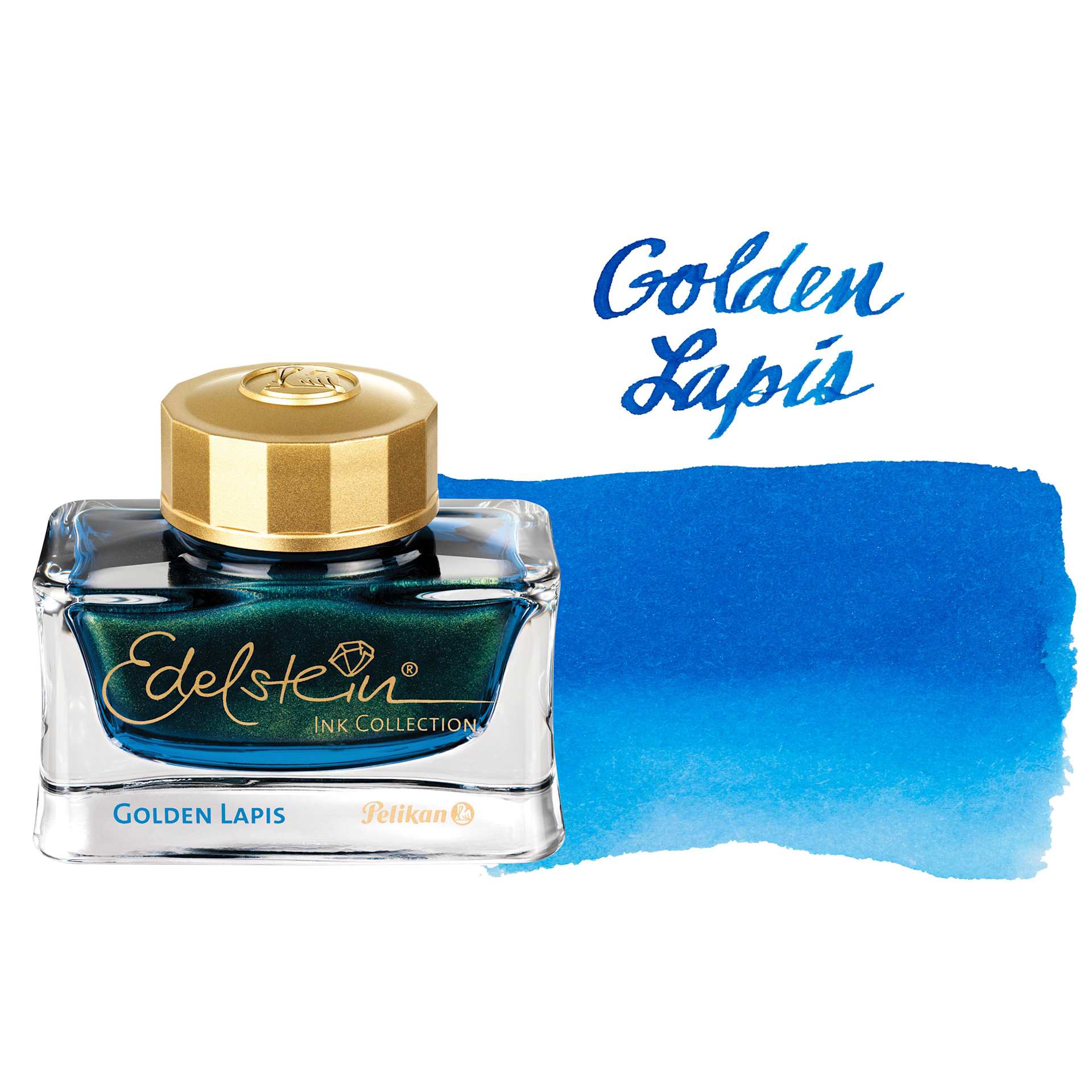 Pelikan Edelstein Fountain Pen Ink - Golden Lapis, 50 ml, bottle and swatch