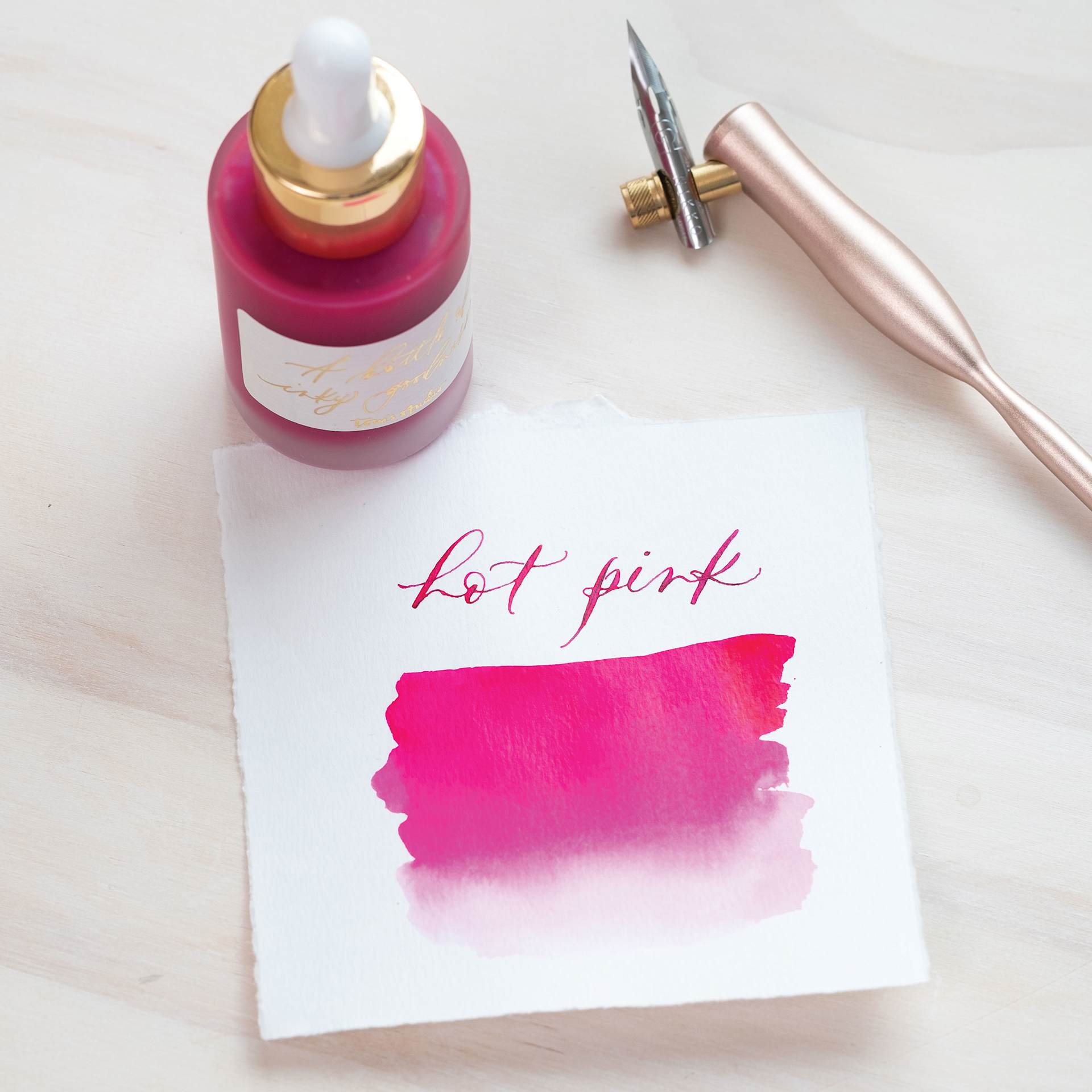Tom's Studio Calligraphy Ink - Hot Pink, 30 ml bottle and swatch - pen not included