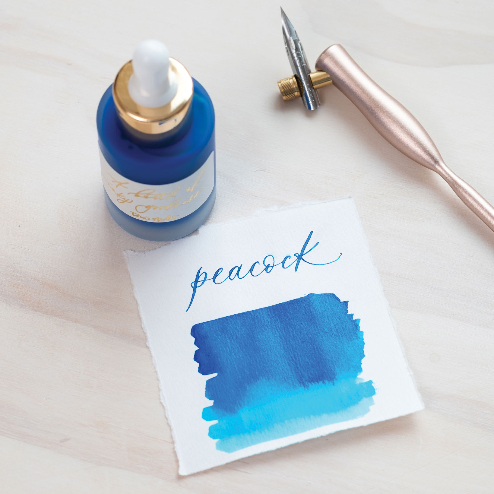 Tom's Studio Calligraphy Ink - Peacock, 30 ml bottle and swatch - pen not included