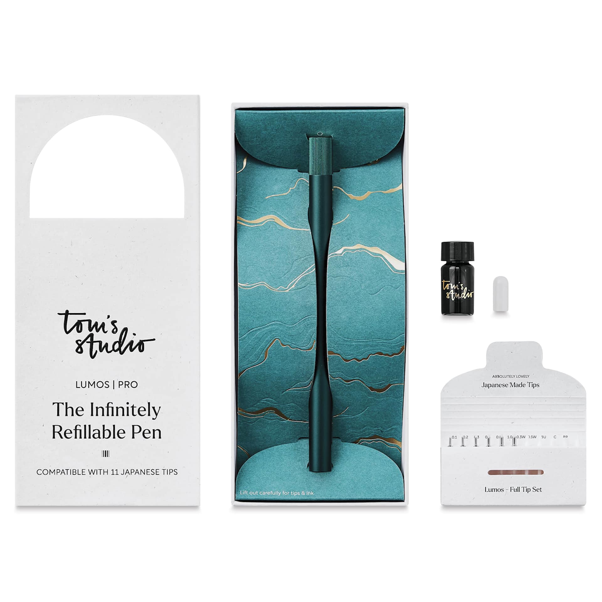 Tom's Studio Lumos Pro Refillable Single Tip Pen - Ivy, pen in packaging and contents laid out